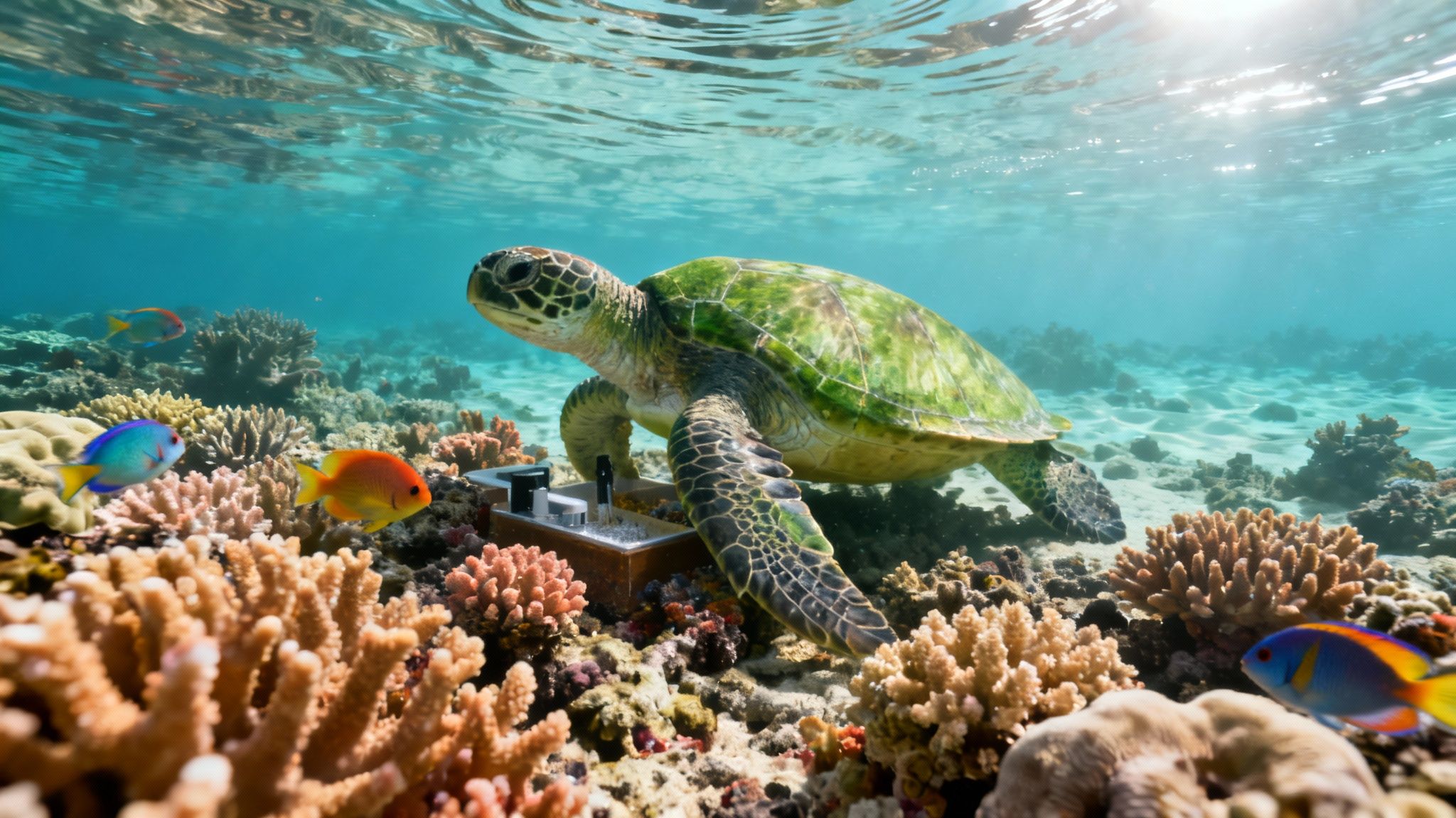 A sea turtle swims over colorful coral with tropical fish and a peculiar device underwater.