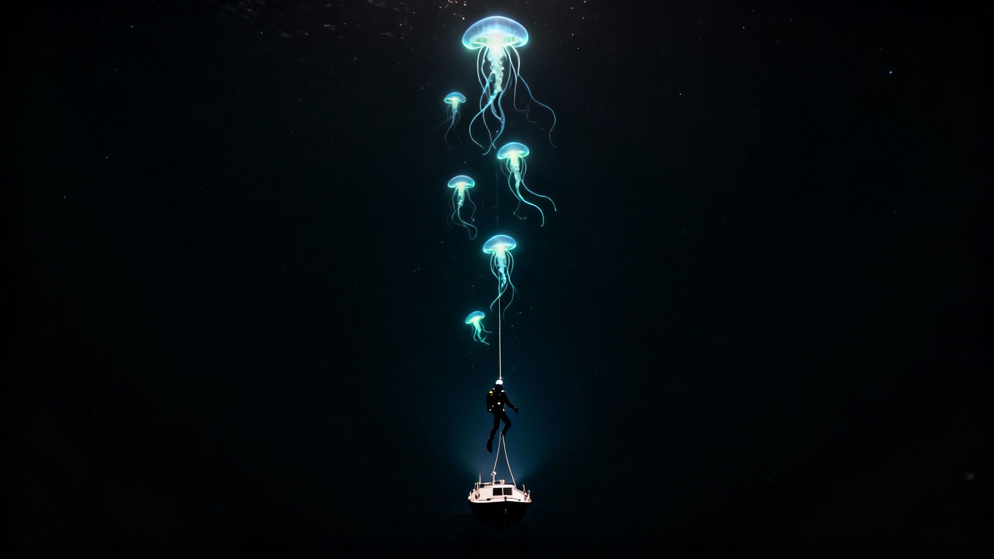 A diver ascends from a small boat in the deep, dark ocean, surrounded by glowing blue jellyfish.