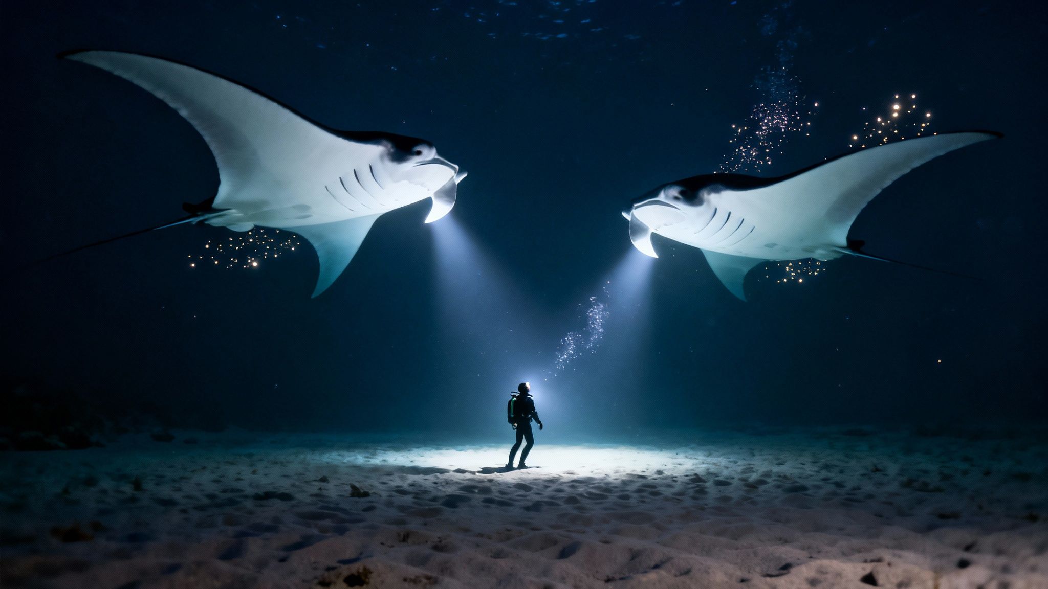 A diver stands on the illuminated seafloor at night, observed by two majestic manta rays.