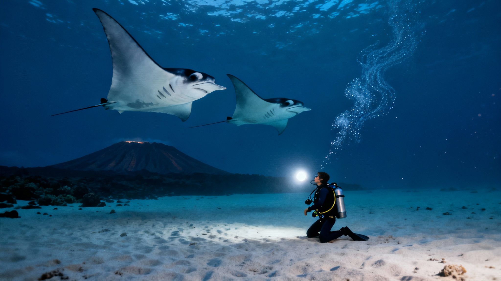 Giant manta ray swimming over scuba divers in Kona, Hawaii.