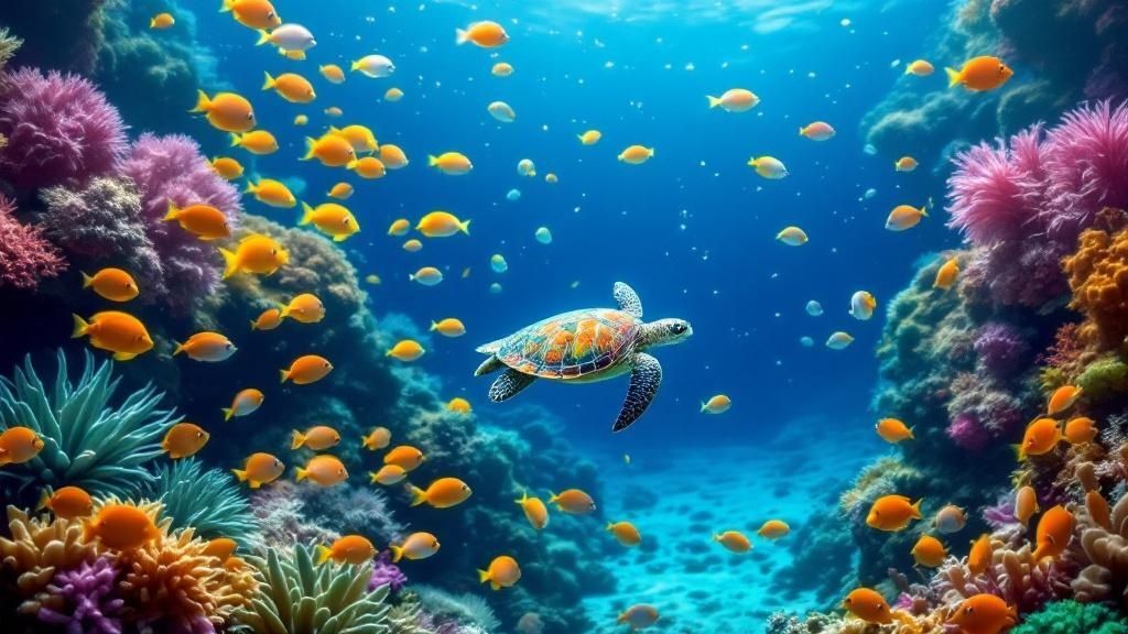 A scuba diver explores a vibrant coral reef teeming with fish on the Big Island.