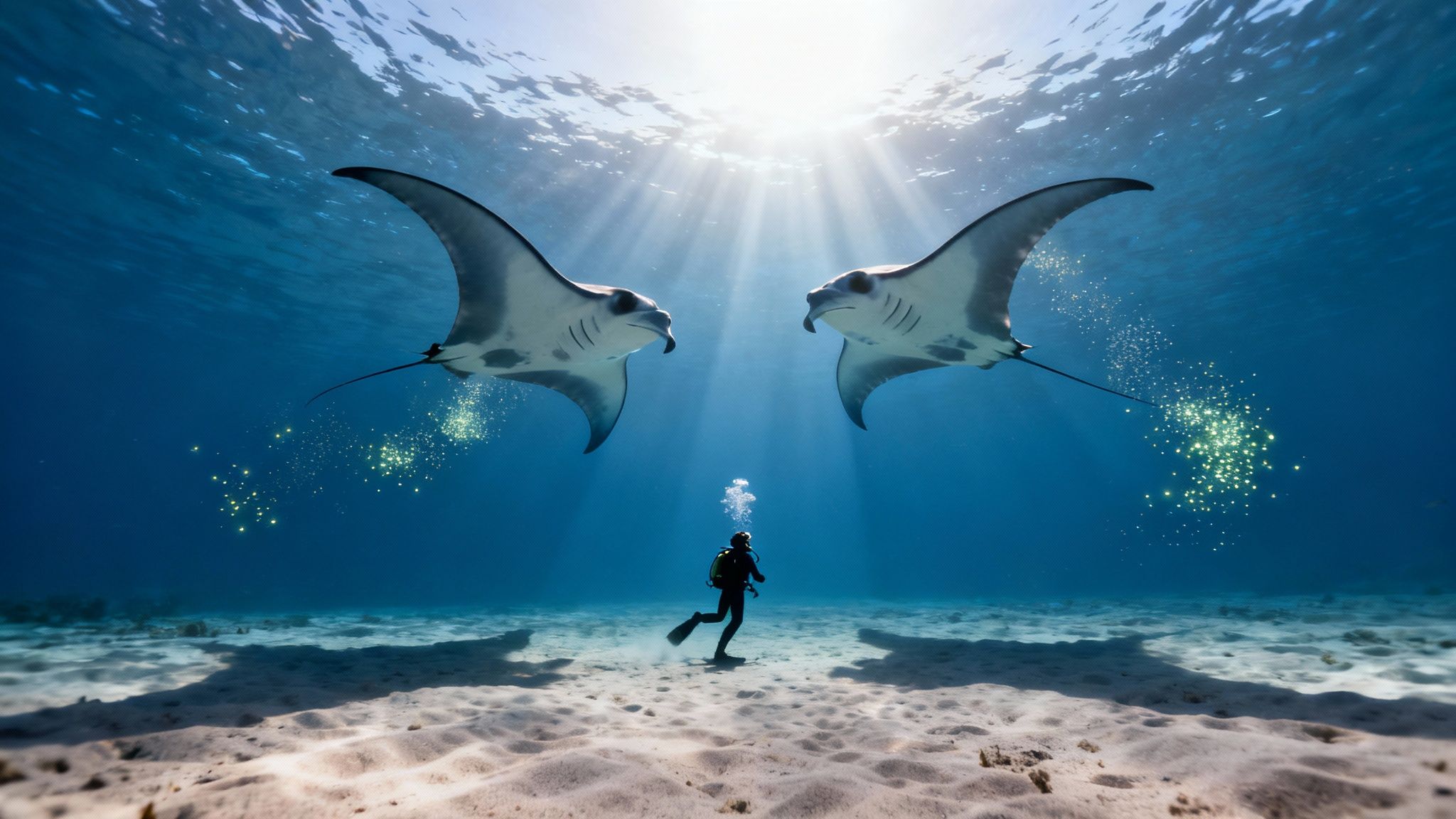Graceful manta ray swimming at night in Kona, illuminated by dive lights.
