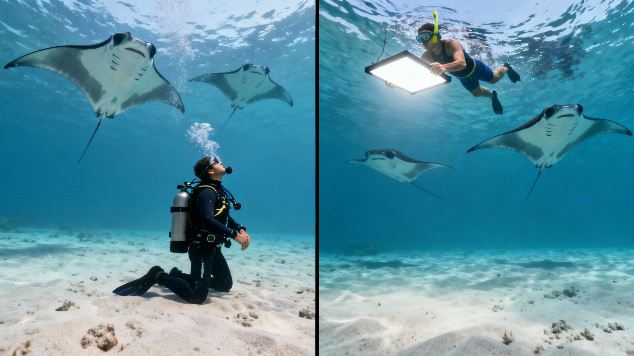 A scuba diver and a snorkeler observe a manta ray during a night dive in Kona.