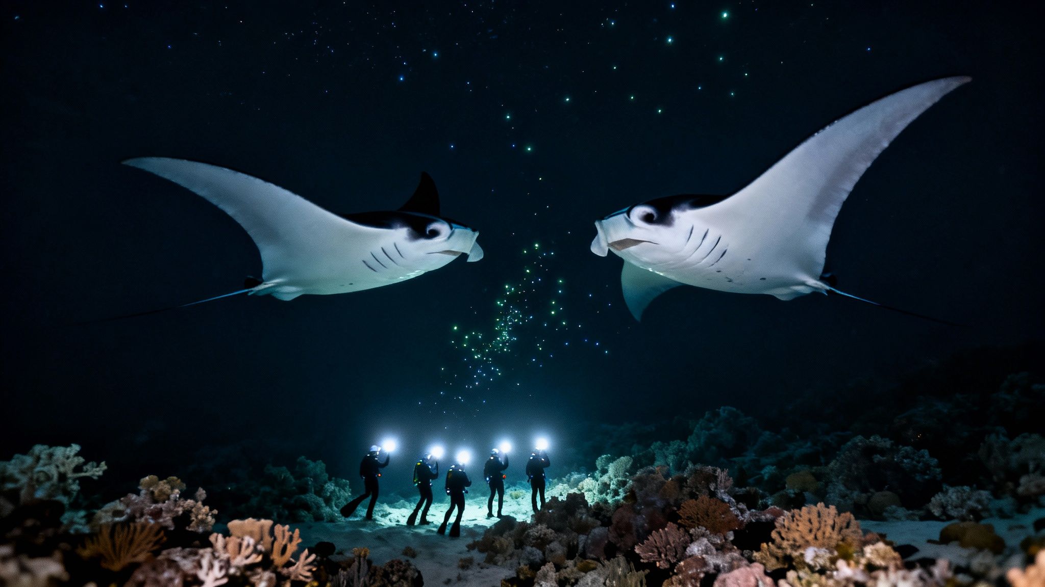 Two majestic manta rays swim above divers with lights during a stunning night dive scene with coral.