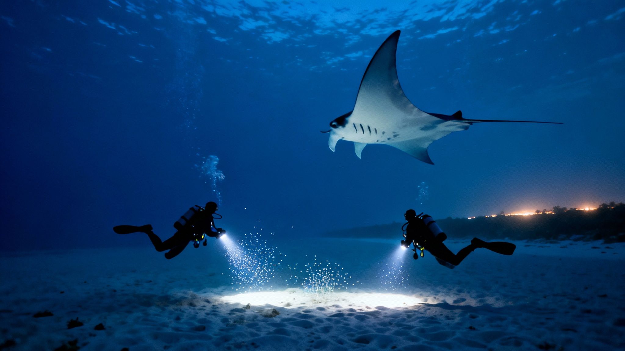 Two divers illuminate a sandy seabed at night, observing a majestic manta ray swimming above them.