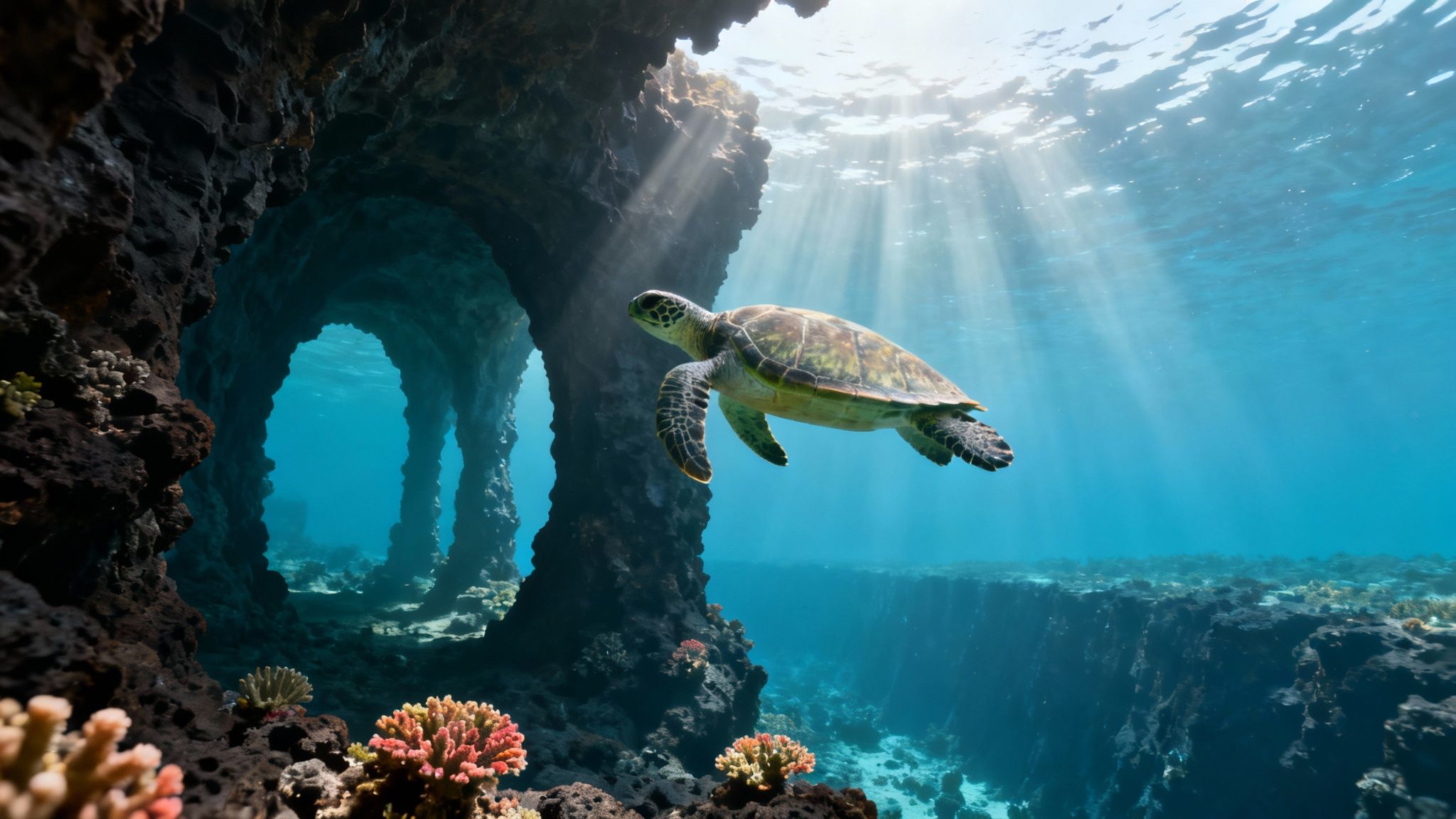 A vibrant coral reef with a school of yellow fish on the Big Island.