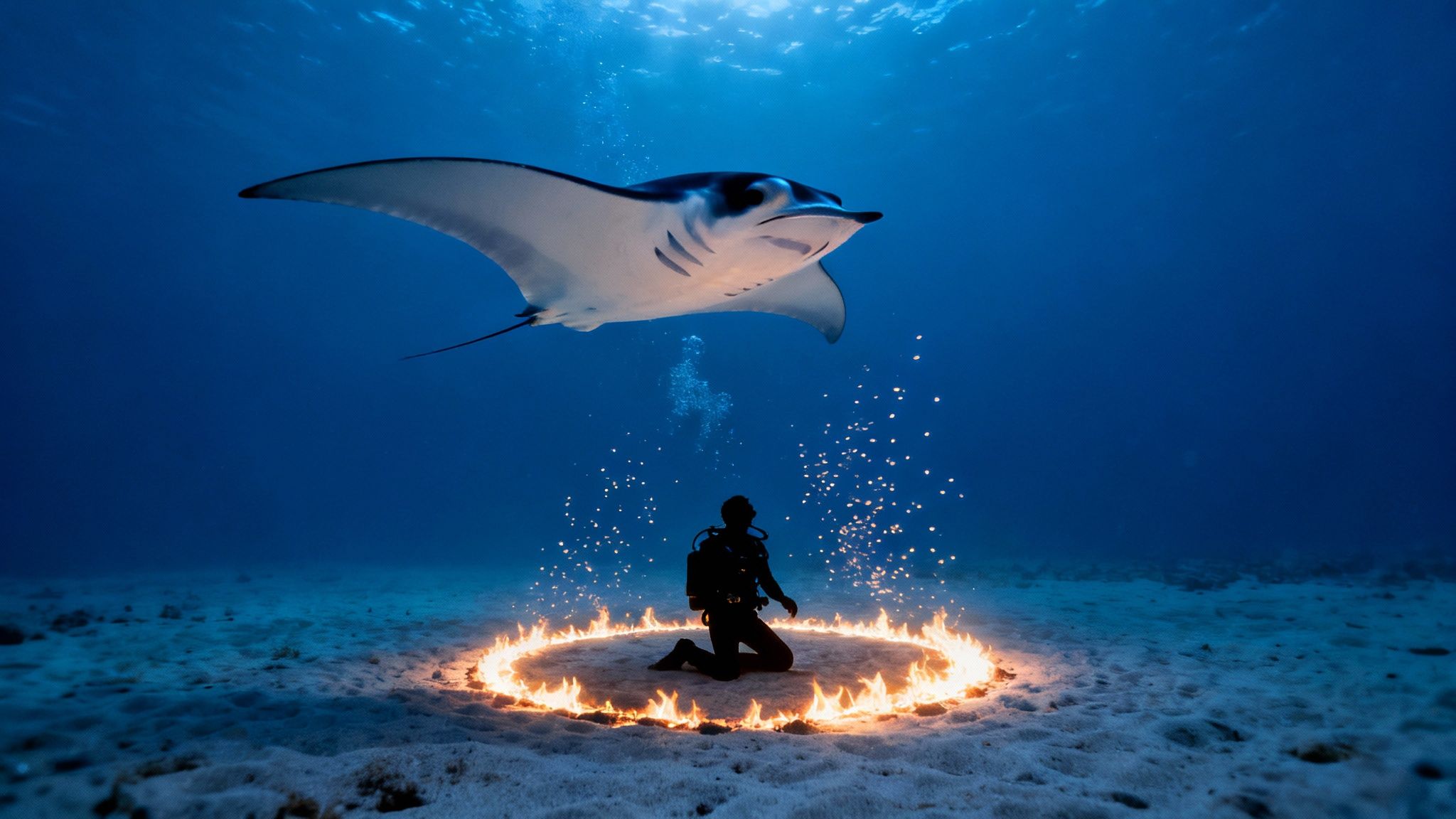 A diver kneels in an underwater fiery ring while a majestic manta ray swims overhead.