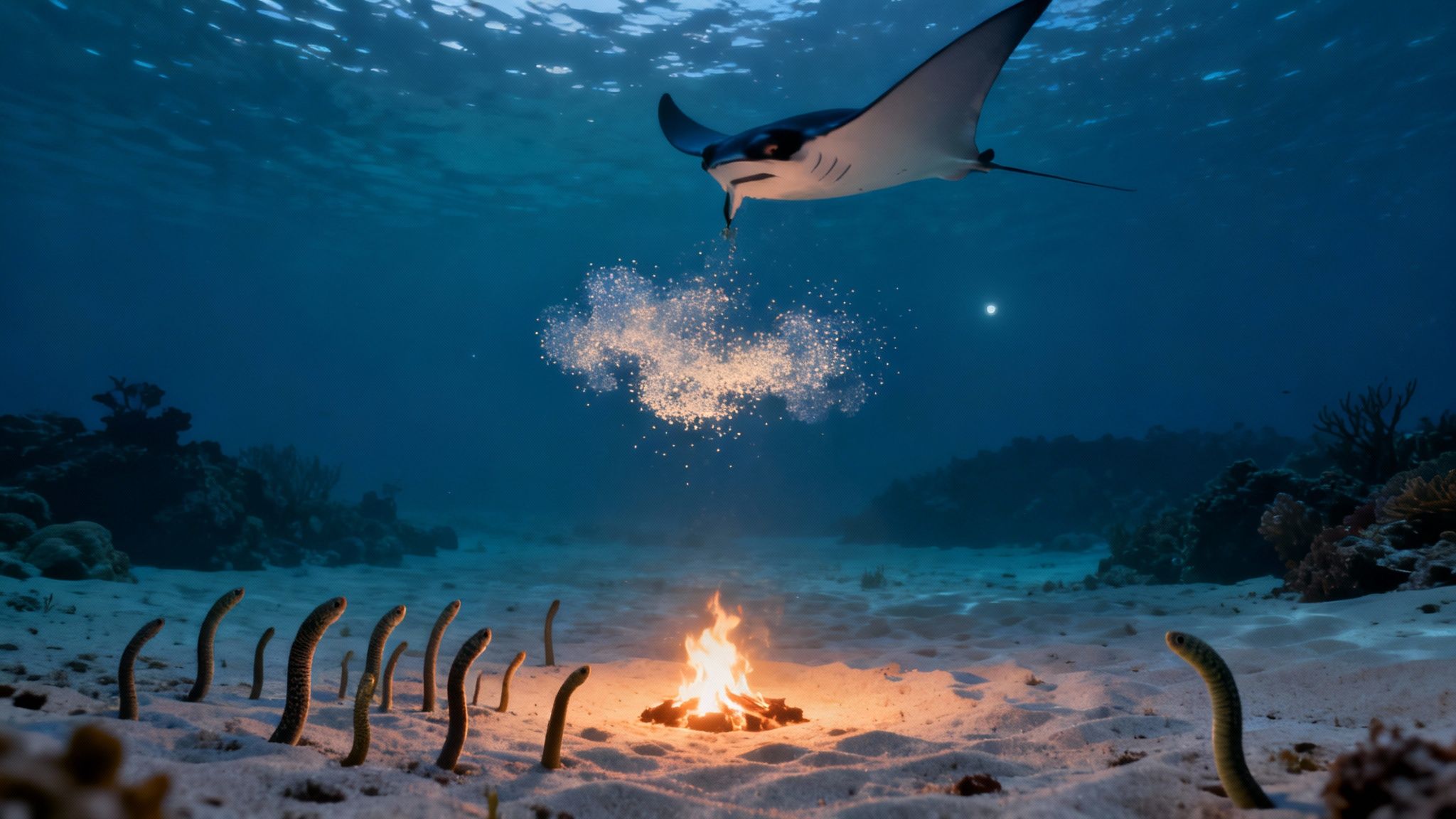 An ethereal underwater scene with a manta ray, sparkling particles, a bonfire, and garden eels.