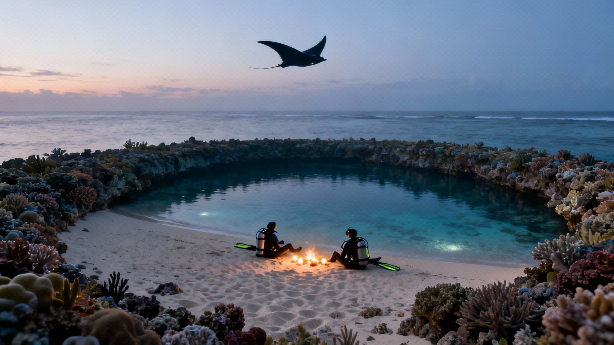 Two scuba divers sitting by campfire on beach at dusk with manta ray silhouette overhead