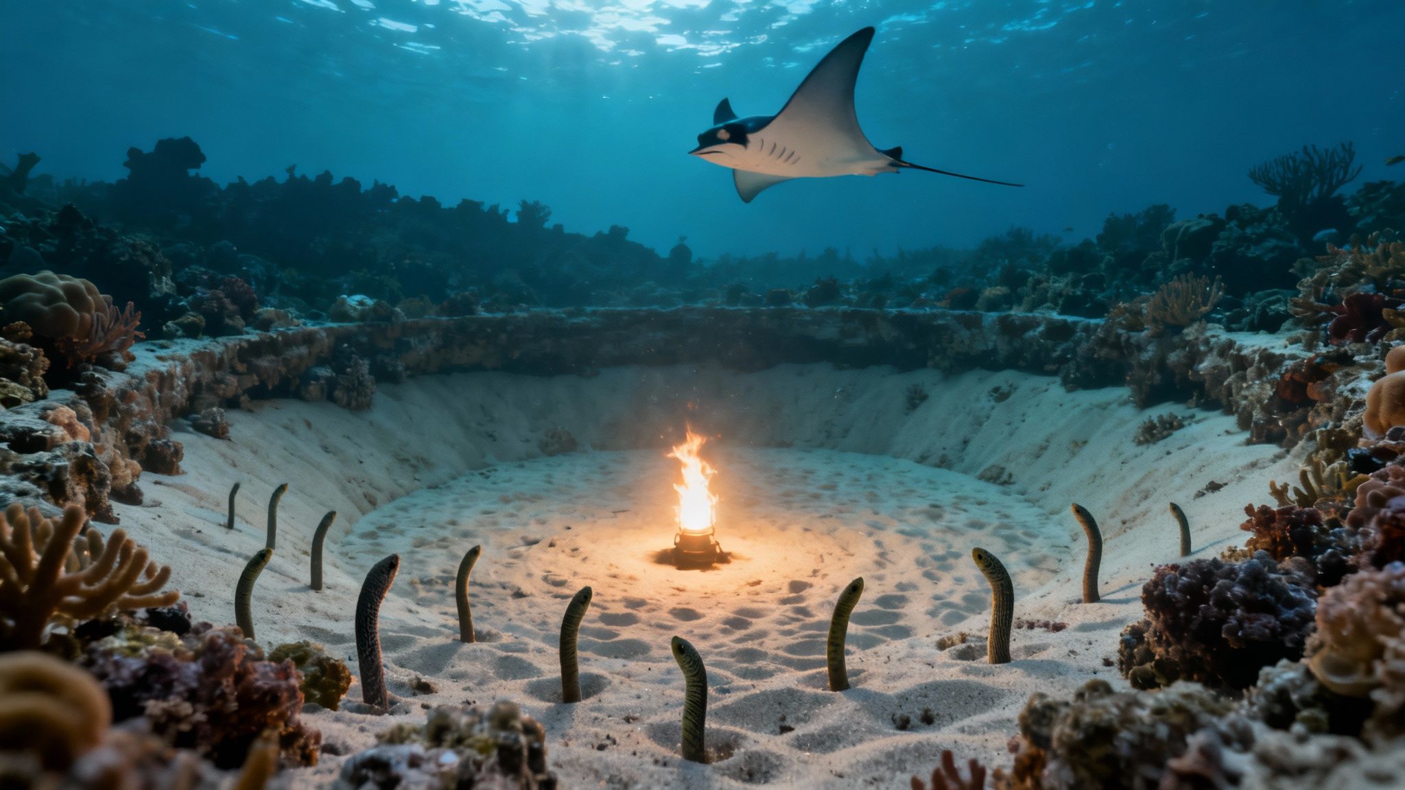 A manta ray gracefully swims over divers at Garden Eel Cove in Kona at night.