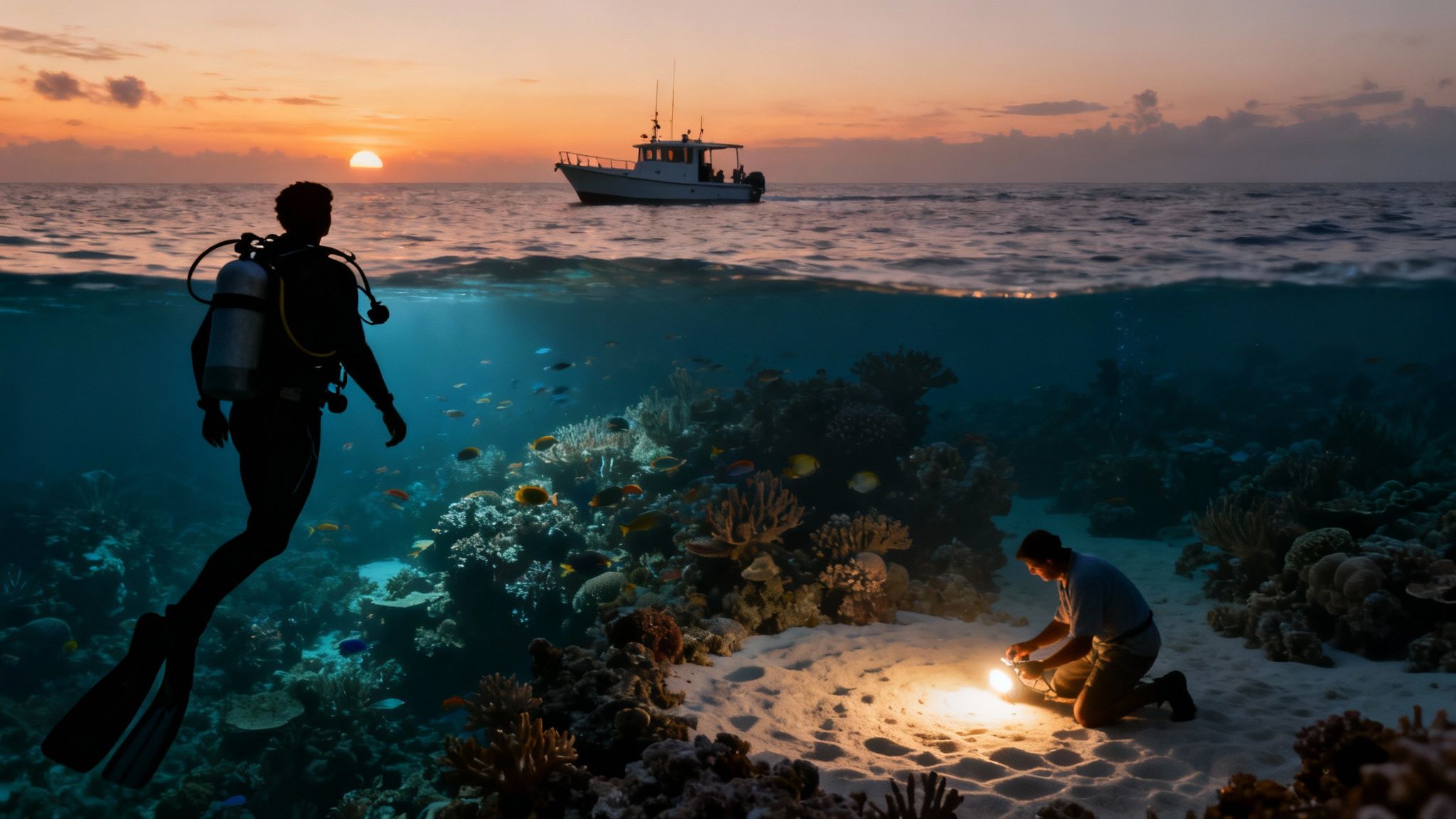 Split view of ocean with sunset and boat above, and divers exploring a vibrant coral reef below.