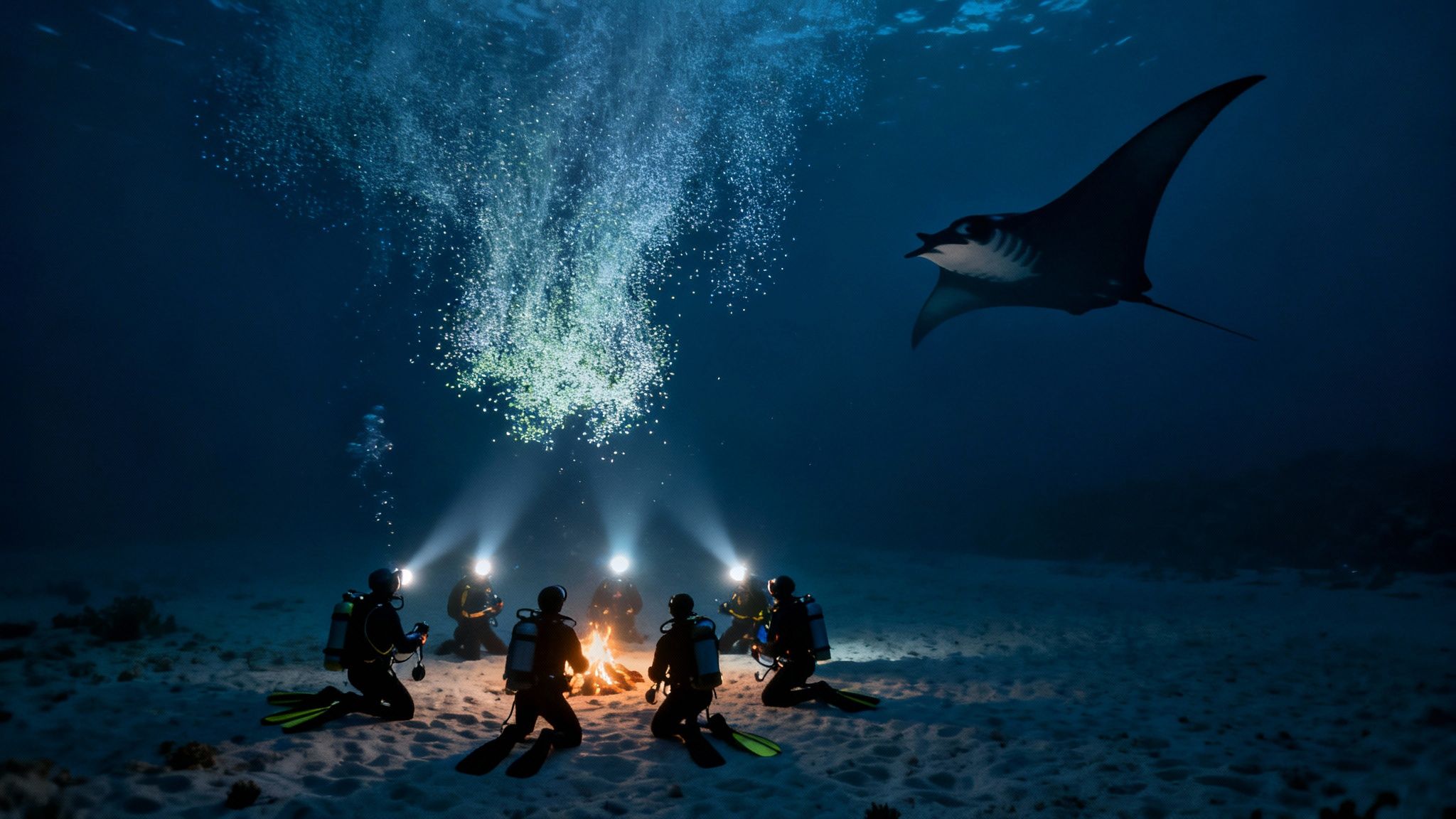 Divers sit around an artificial underwater campfire, observing a manta ray during a night dive.