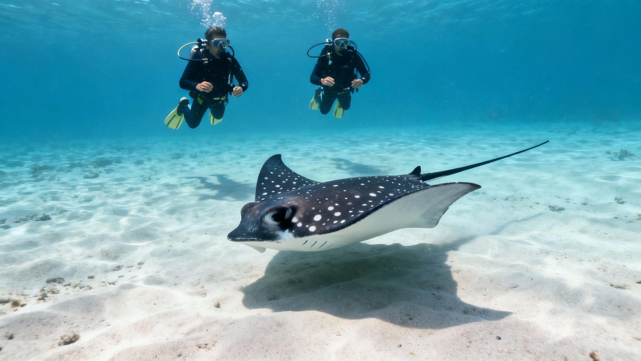 A manta ray swims gracefully over a group of divers observing from the ocean floor.
