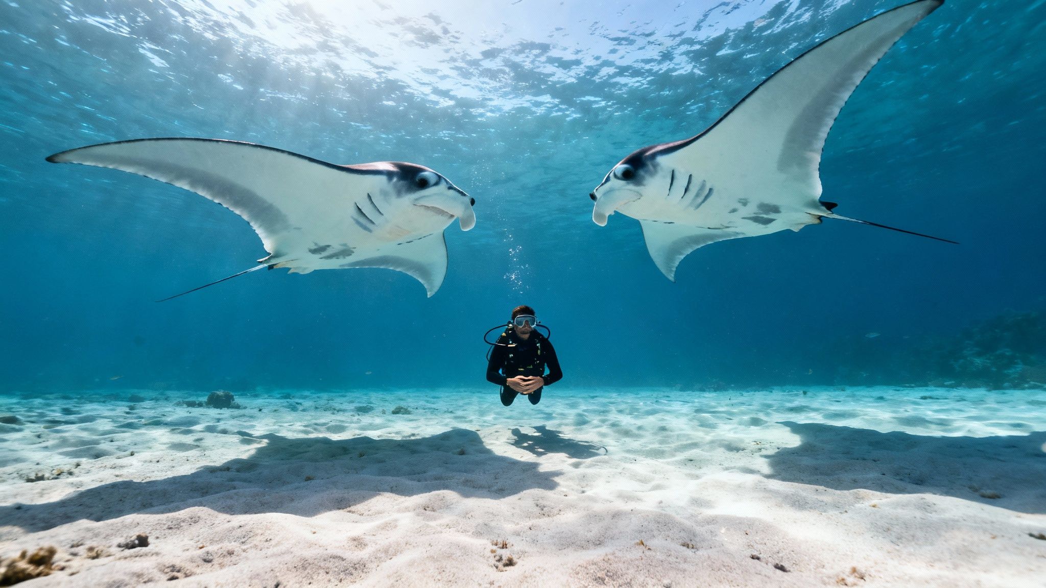 A diver peacefully floats underwater, surrounded by two large manta rays with bright sunlight filtering from above.