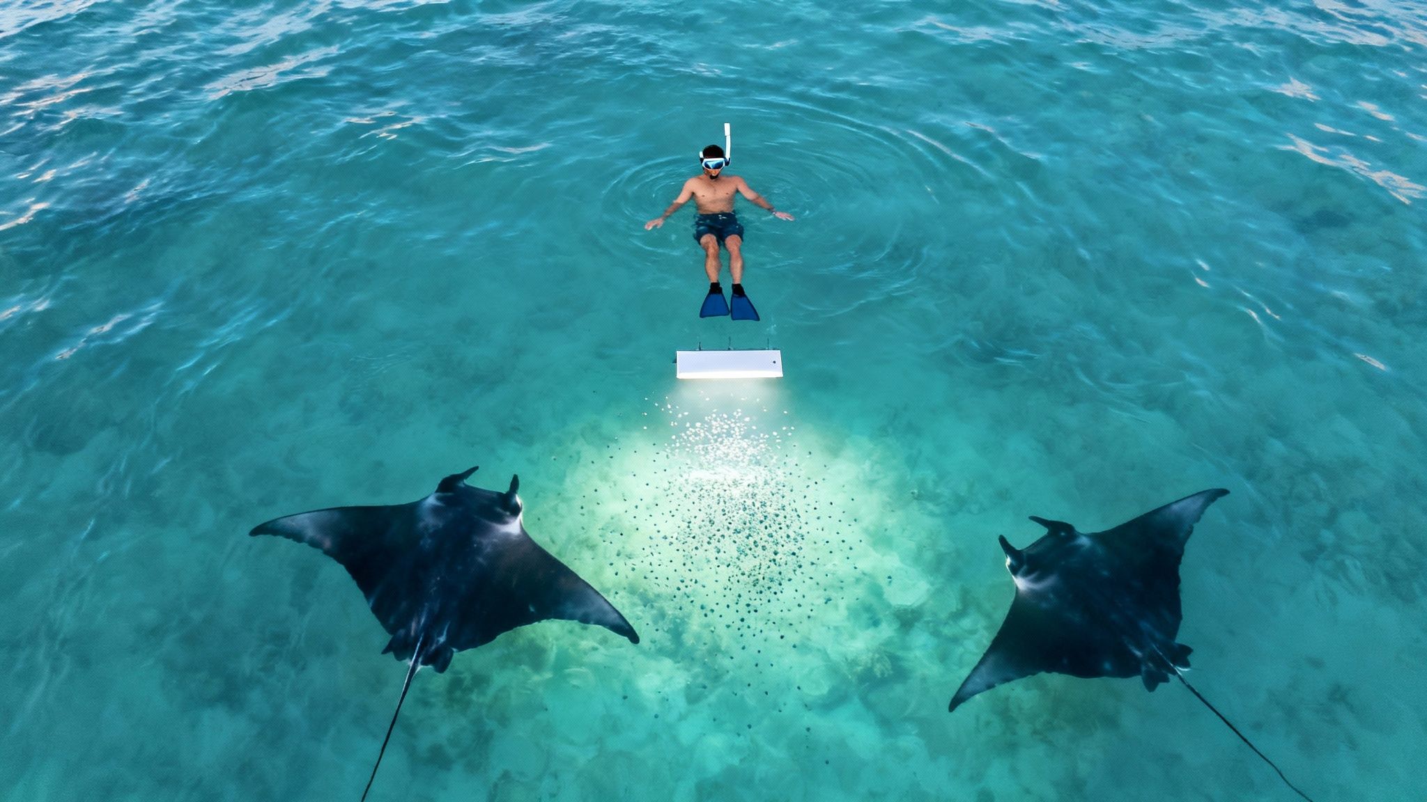 Snorkelers watching a manta ray from a light board at the surface