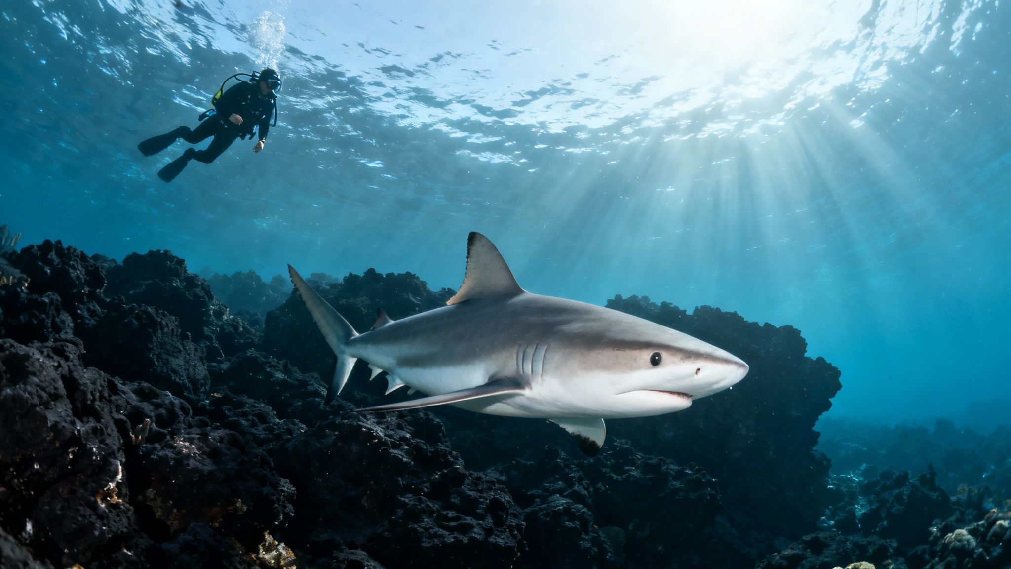 A scuba diver observes a large shark swimming over dark coral reefs in sunlit blue water.