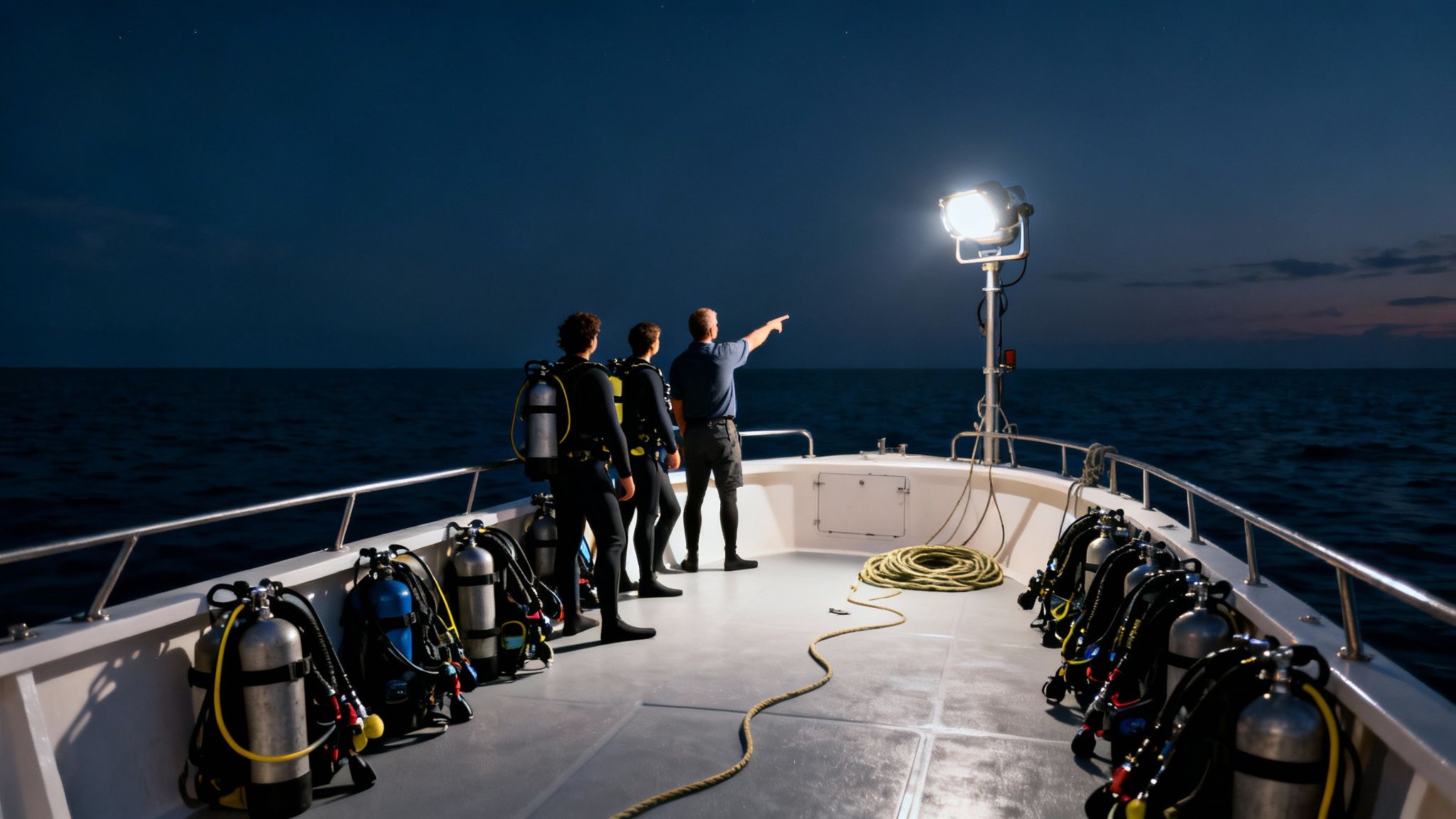 Three scuba divers on a boat at night, with one pointing towards the dark ocean.