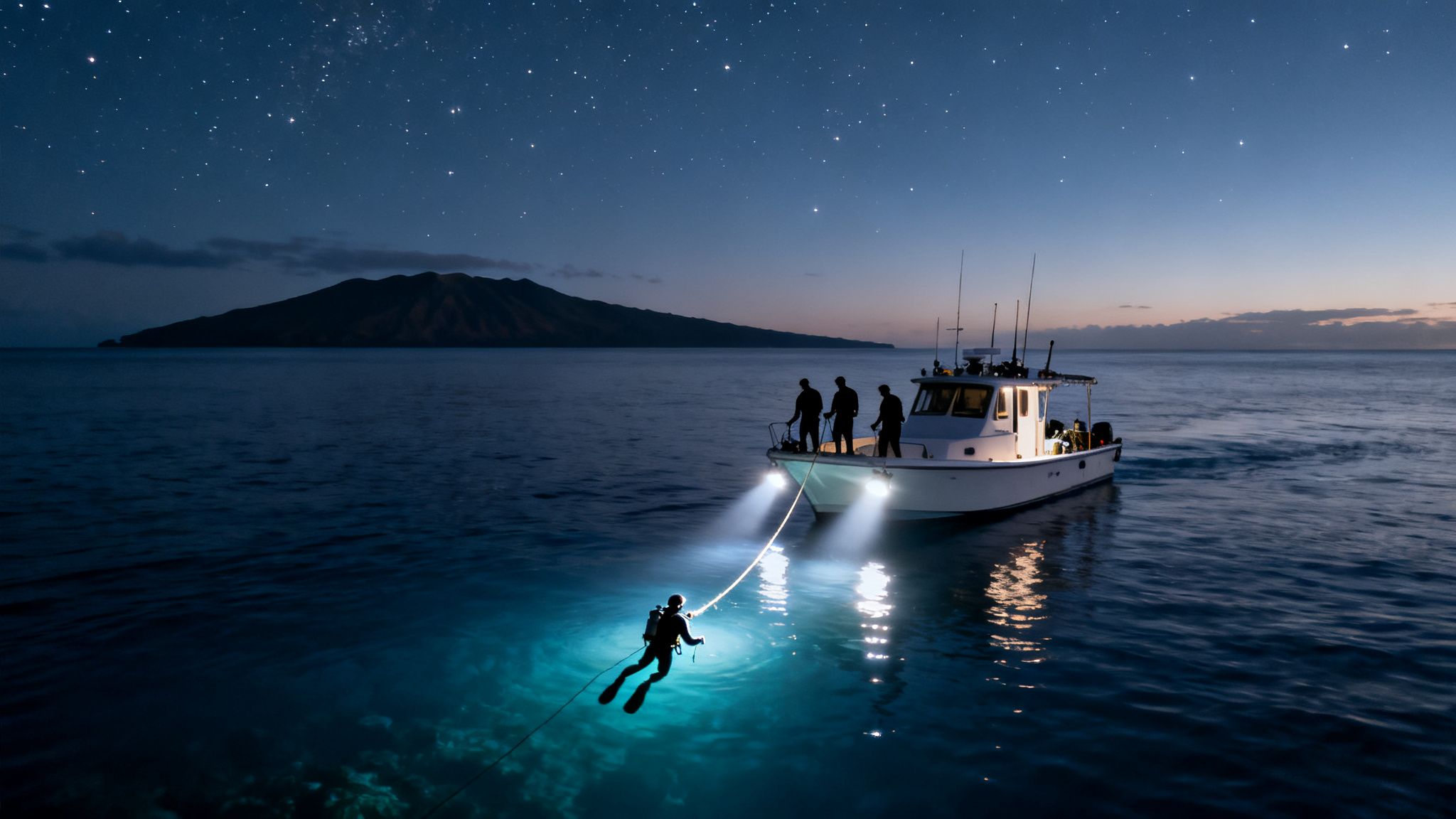 Night scuba diving expedition with a boat, divers, and a starry sky over an island.