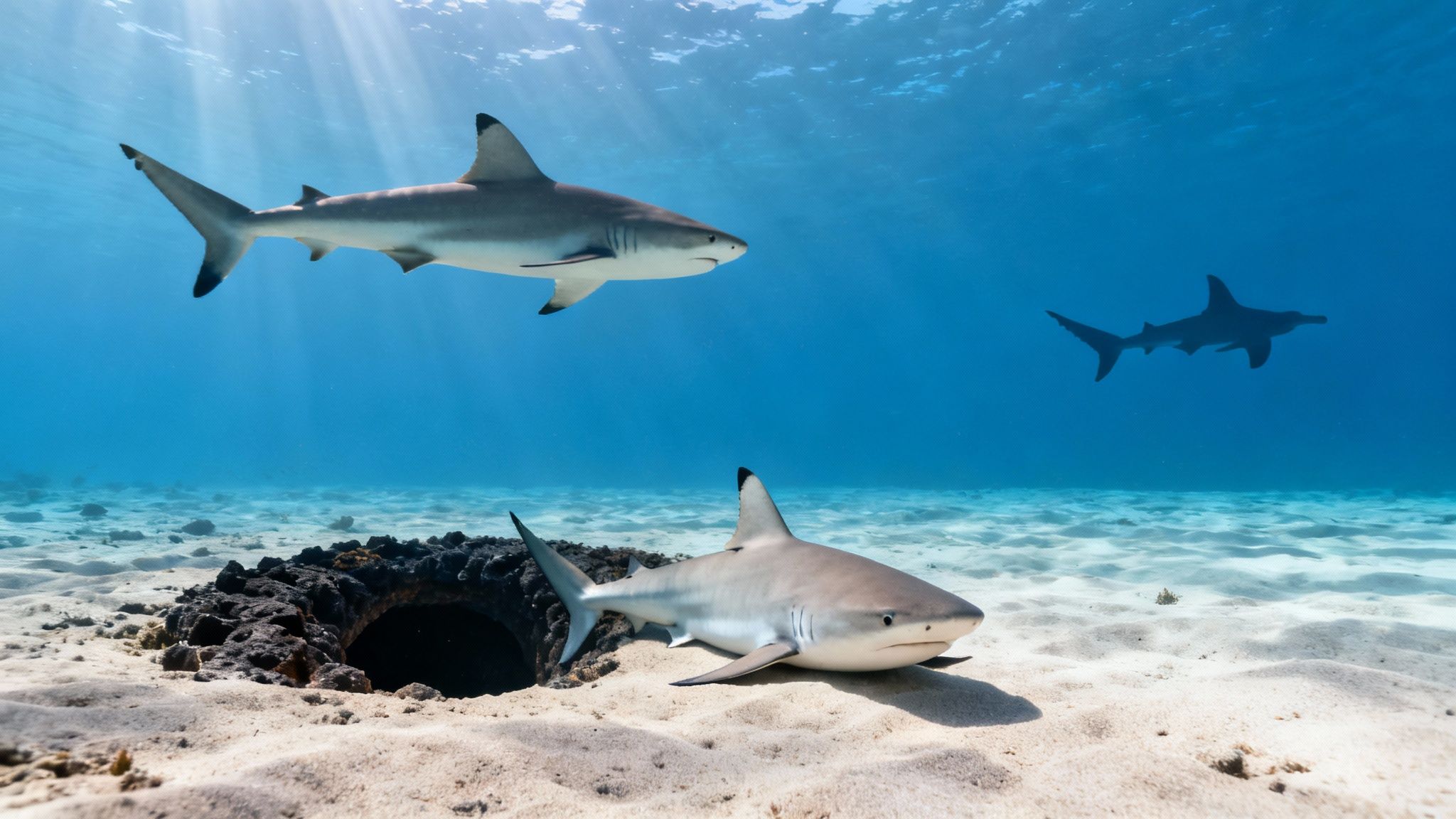 Underwater scene with two blacktip reef sharks and a hammerhead shark swimming in clear blue water.
