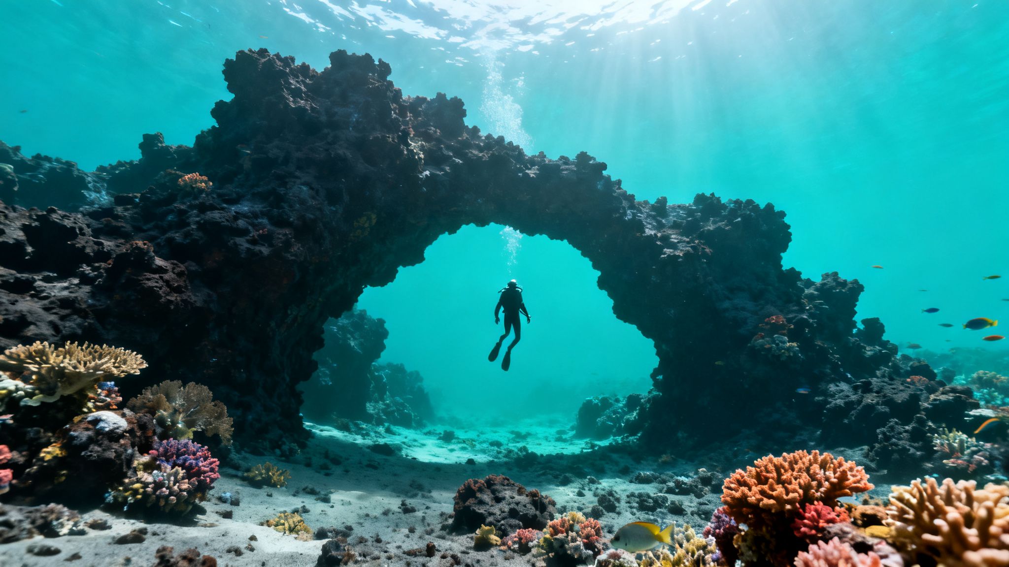 A scuba diver explores a vibrant coral archway underwater with sunlight filtering from above.