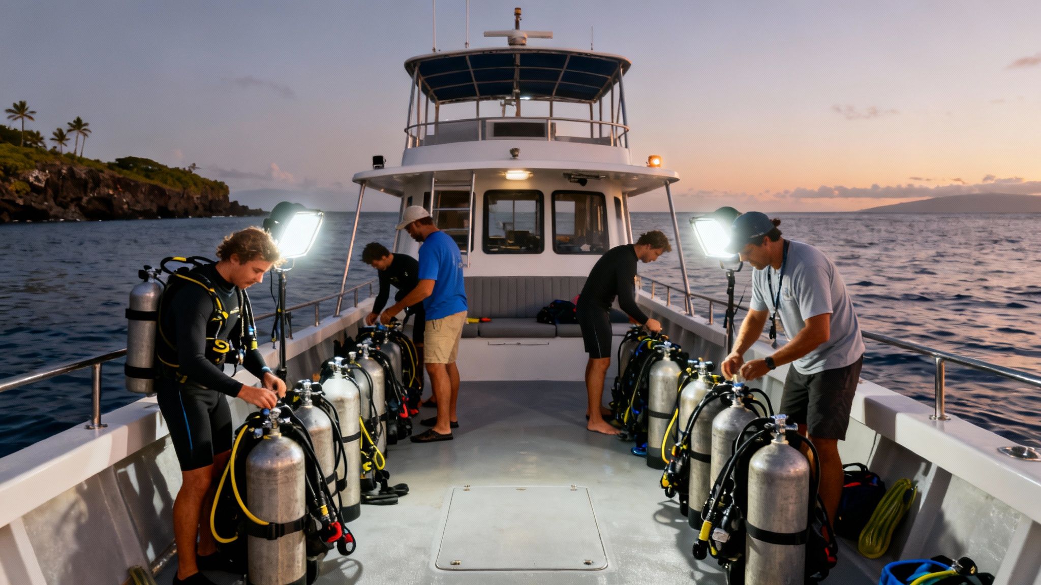 Divers preparing scuba gear on a boat at sunset, with an island in the background.