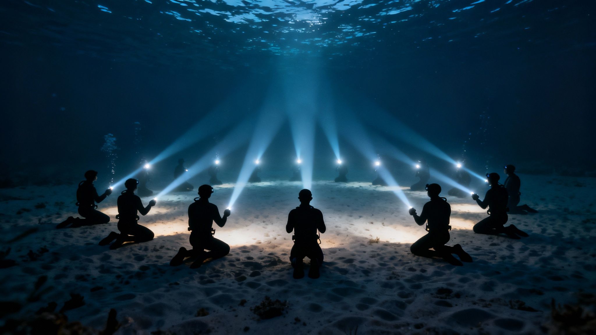 A stunning underwater photo of a massive manta ray gliding over a group of scuba divers in Kailua Kona.
