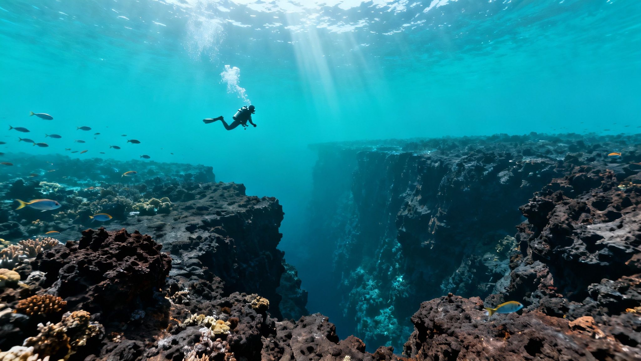 A scuba diver explores a deep underwater canyon with vibrant coral reefs and fish.