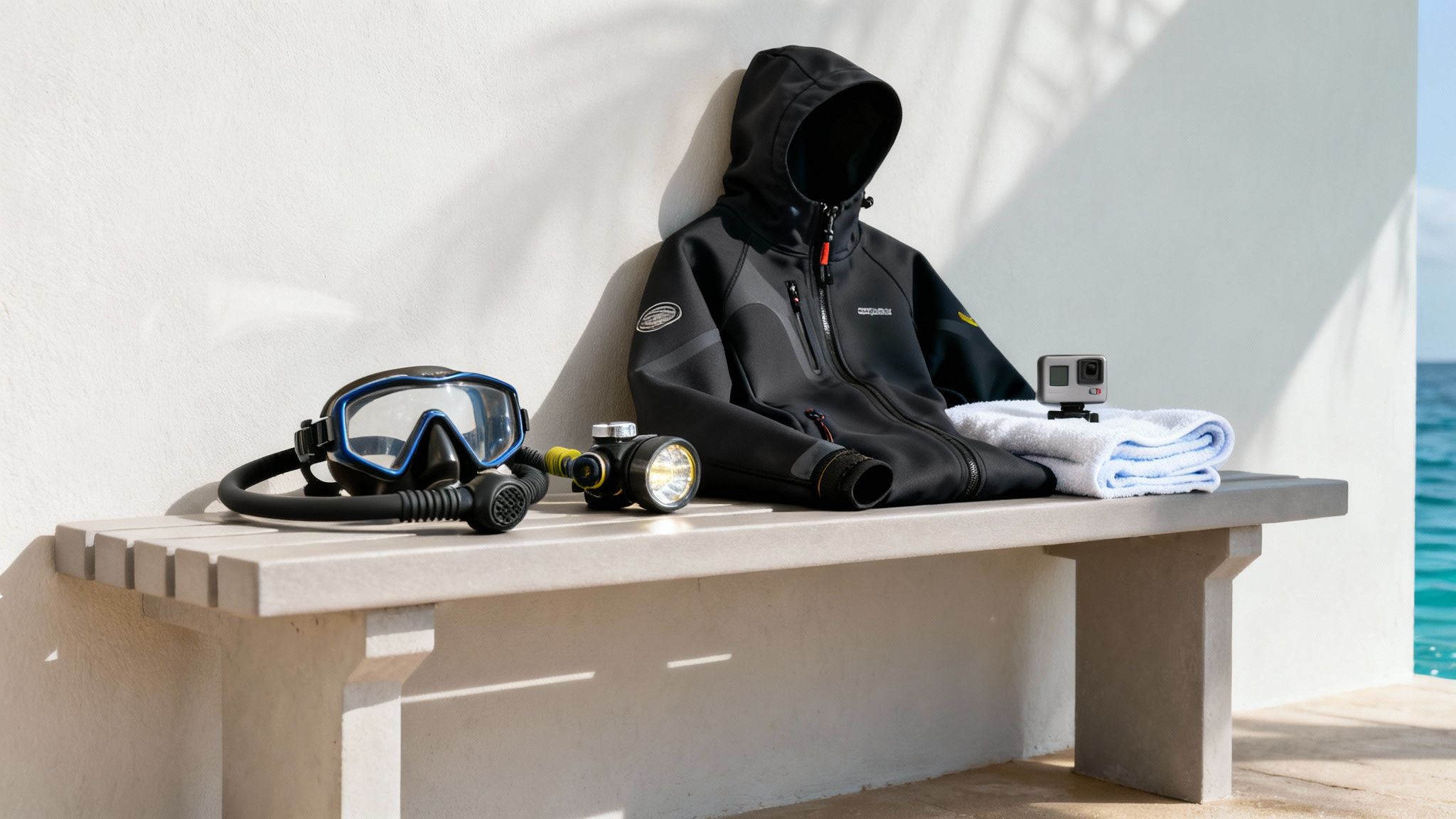 Scuba diving gear, including a mask, regulator, and dive light, with a jacket and GoPro on a bench.