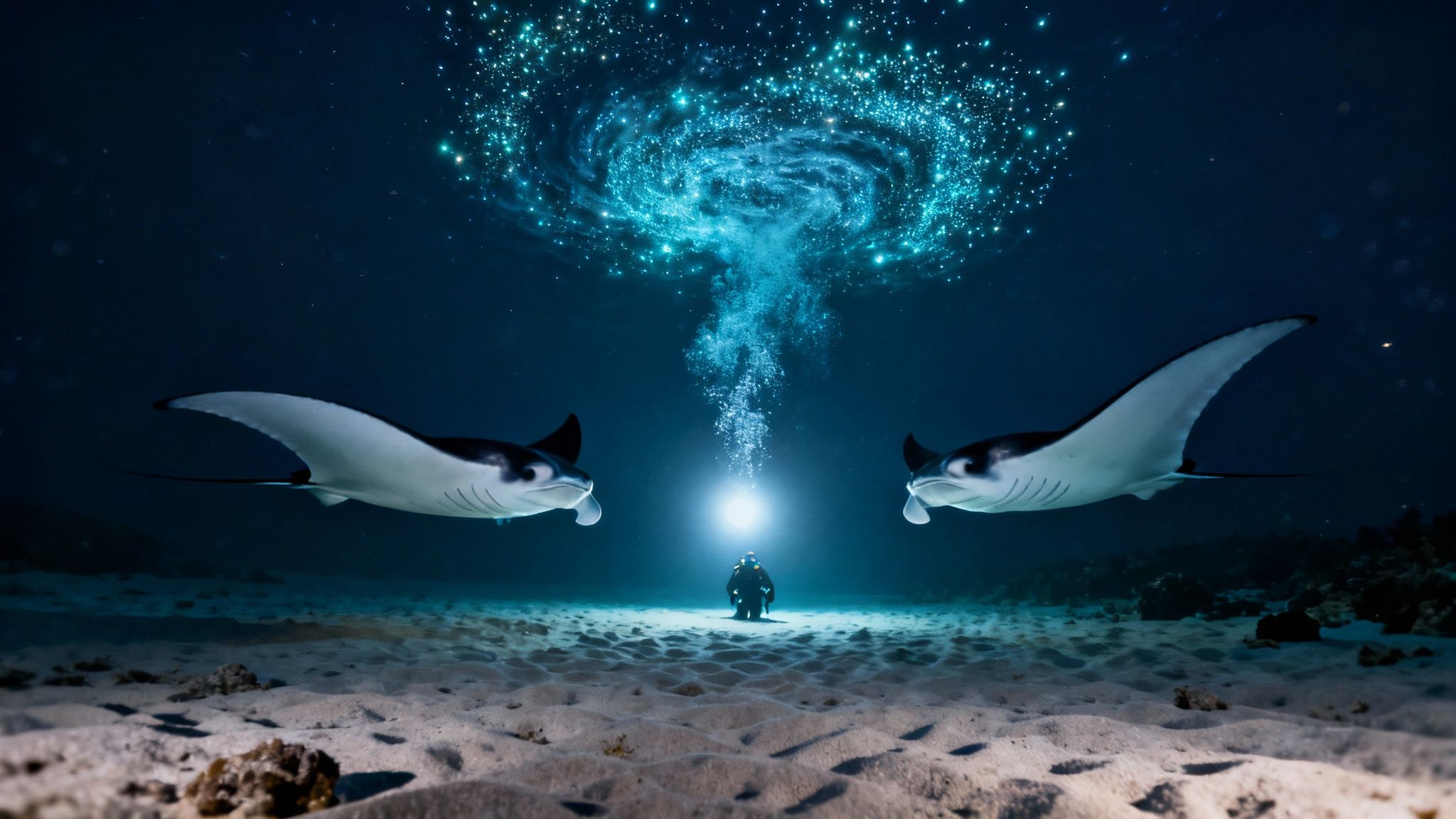 Graceful manta ray gliding through the water at night in Kona, Hawaii