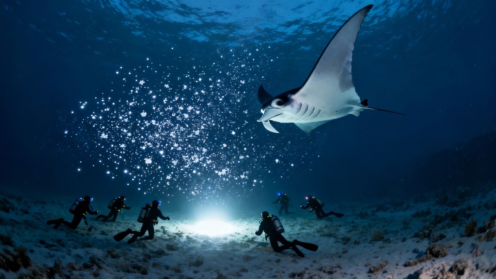Divers on the ocean floor watching a manta ray glide overhead during a night dive in Kona.