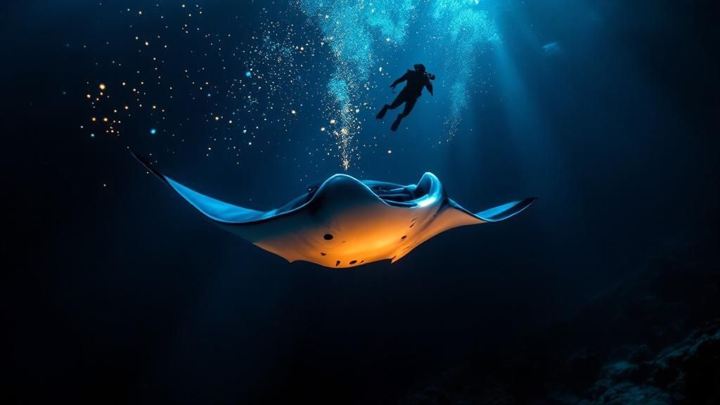 A large manta ray glides gracefully over a group of scuba divers during a night dive in Kona.