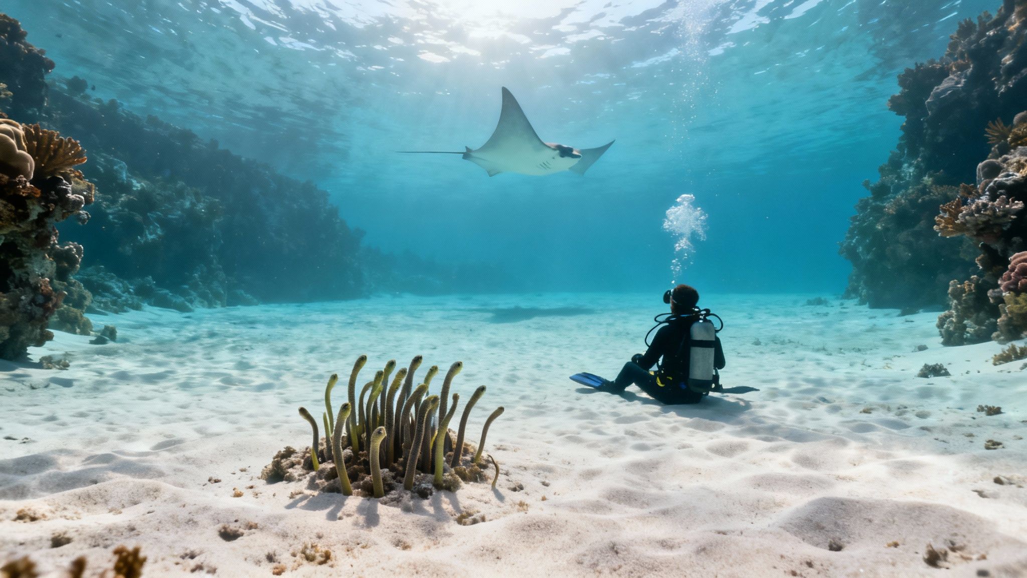 A scuba diver sits on a sandy ocean floor, observing a majestic manta ray swimming gracefully overhead.