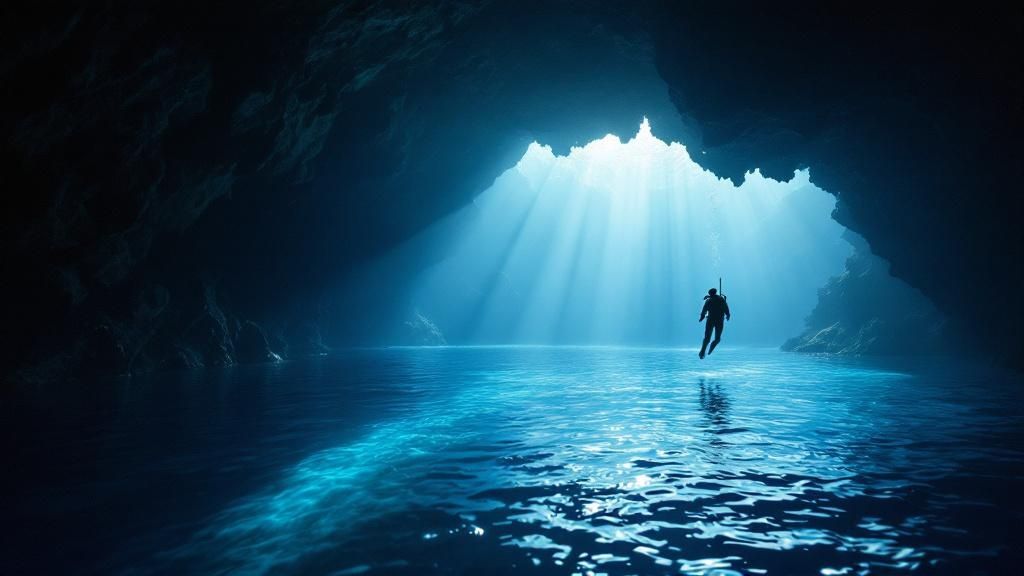 A scuba diver explores a vibrant coral reef on the Big Island of Hawaii.