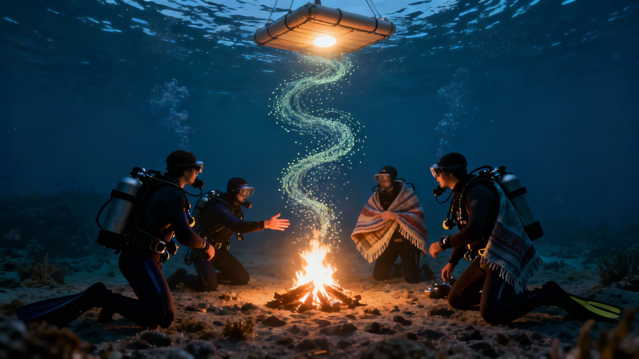 Snorkelers holding onto a light raft at night, watching a manta ray feed below them in Kona.