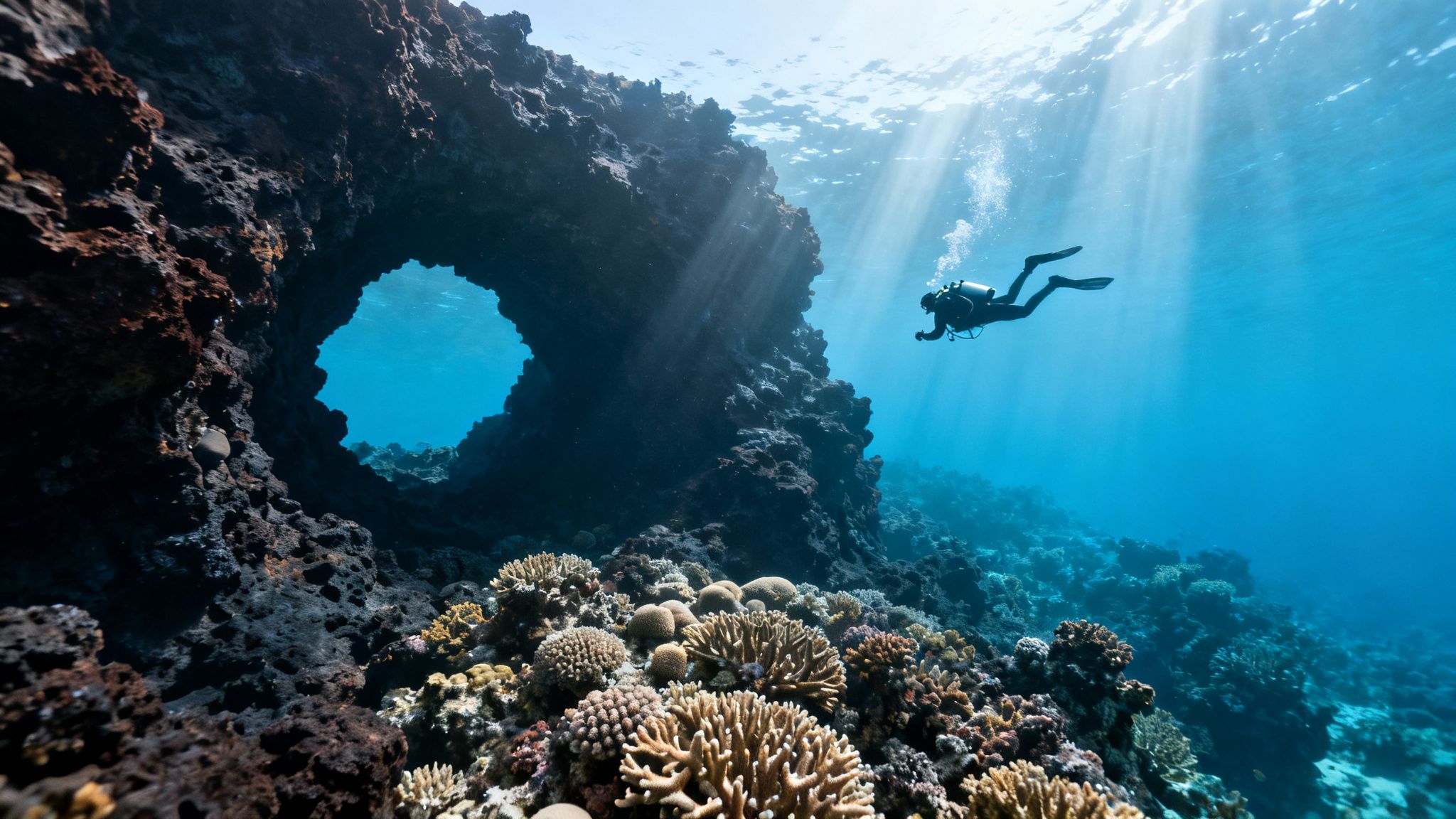 A scuba diver explores a vibrant coral reef and rock archway under sunlit clear blue water.