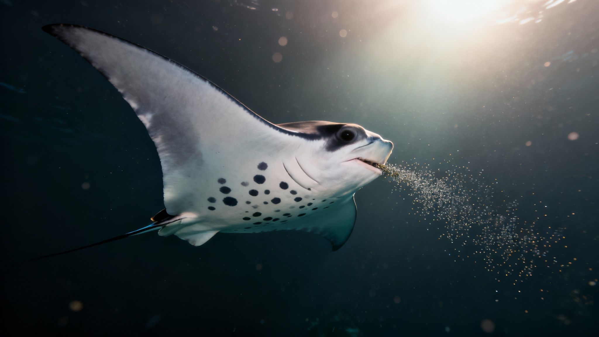 A massive manta ray glides gracefully through the dark ocean, its white underbelly glowing in the dive lights.
