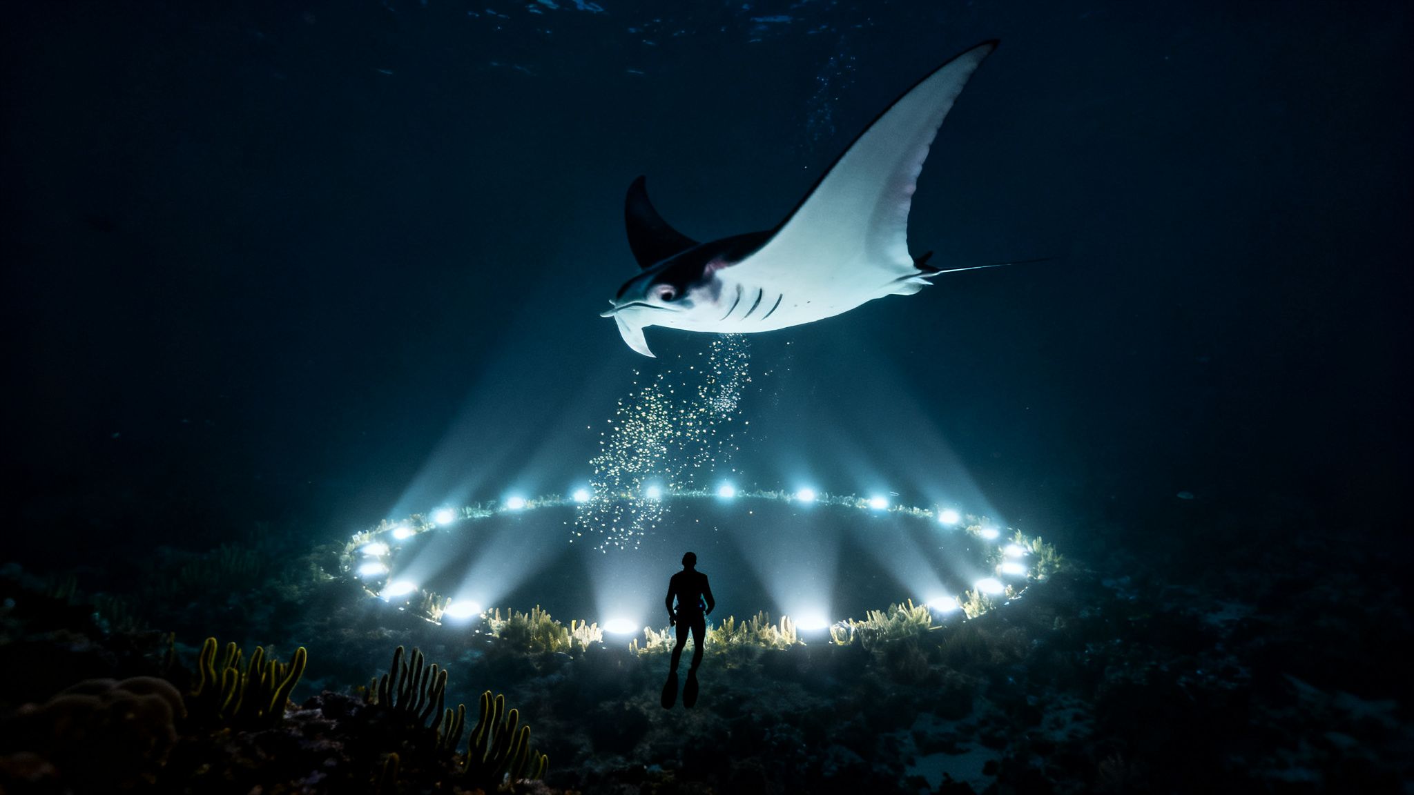 A diver beneath a giant manta ray and glowing bubbles, surrounded by a ring of underwater lights.