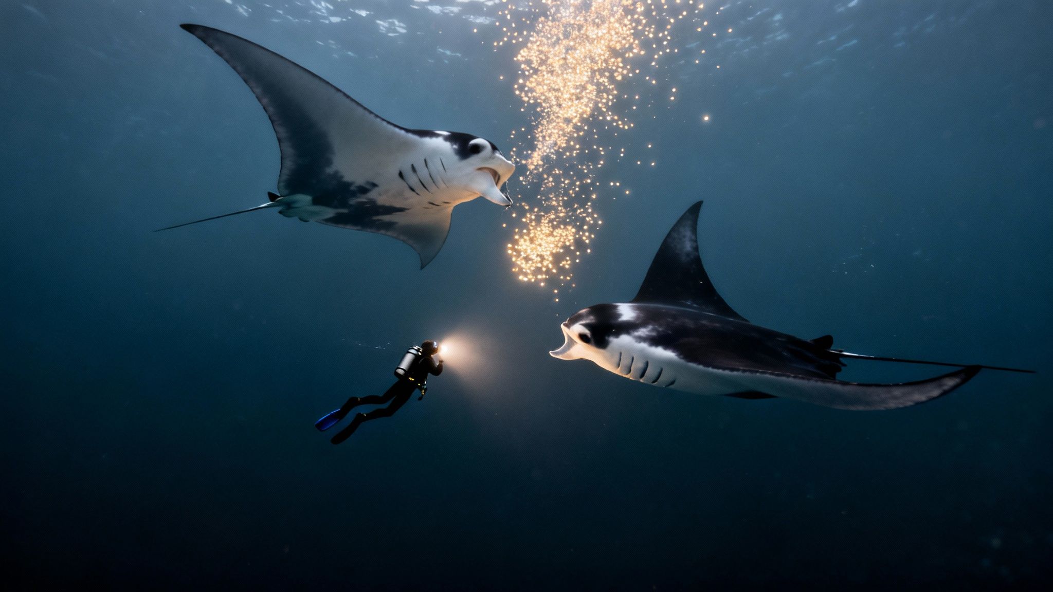 A scuba diver illuminates two large manta rays in dark water with glowing plankton.
