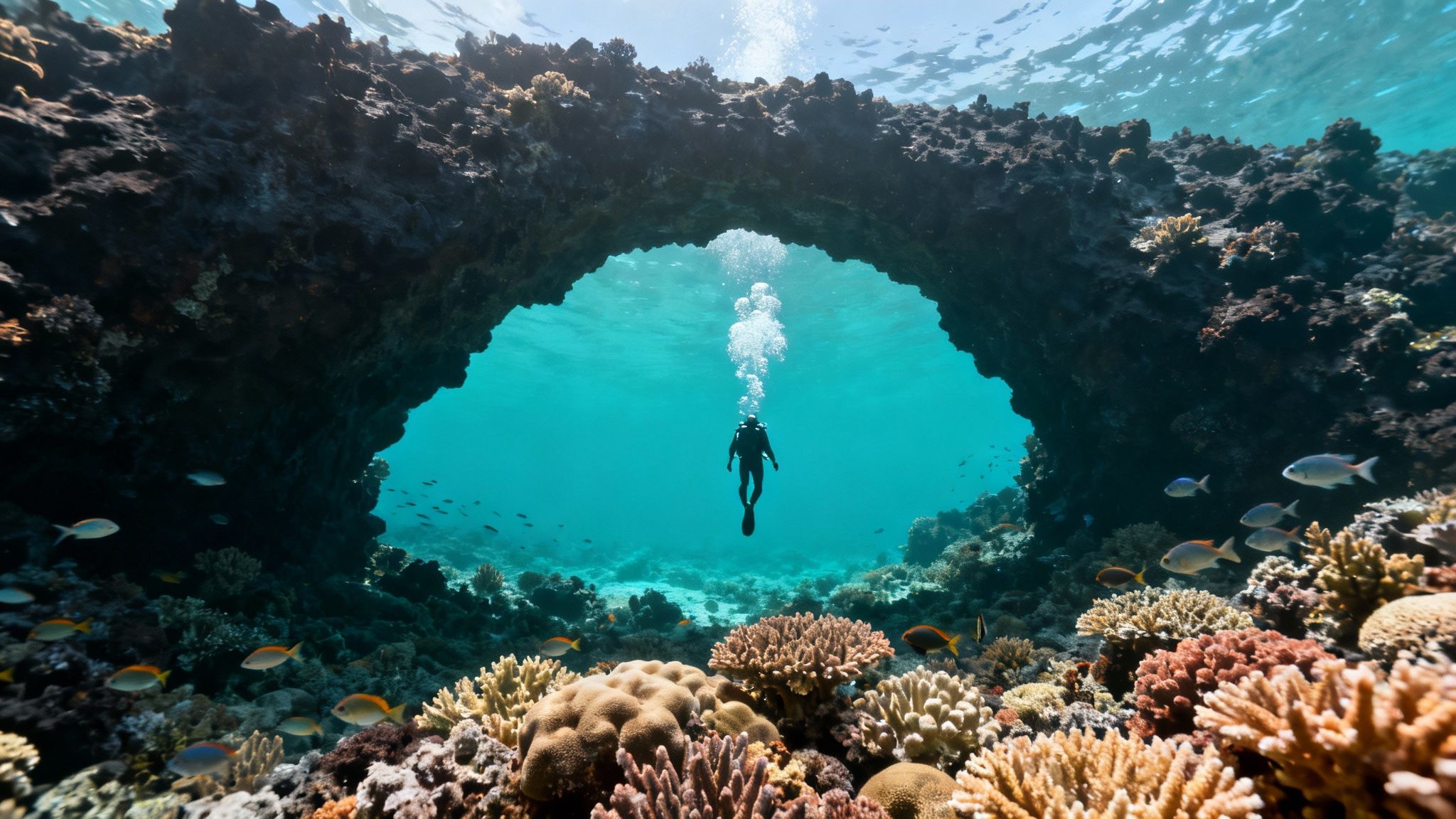 A scuba diver ascends through a vibrant coral reef archway, surrounded by colorful fish and bubbles.