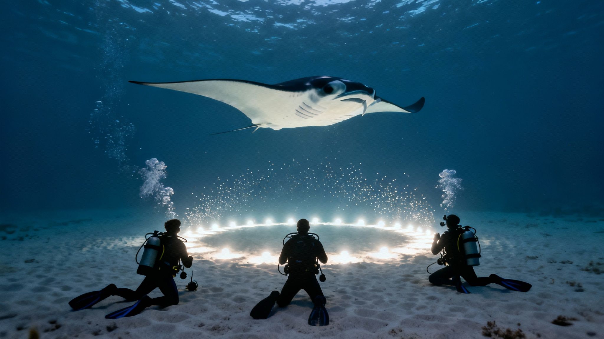 A group of scuba divers on the ocean floor watching a manta ray swim gracefully above them during a night dive in Kona.