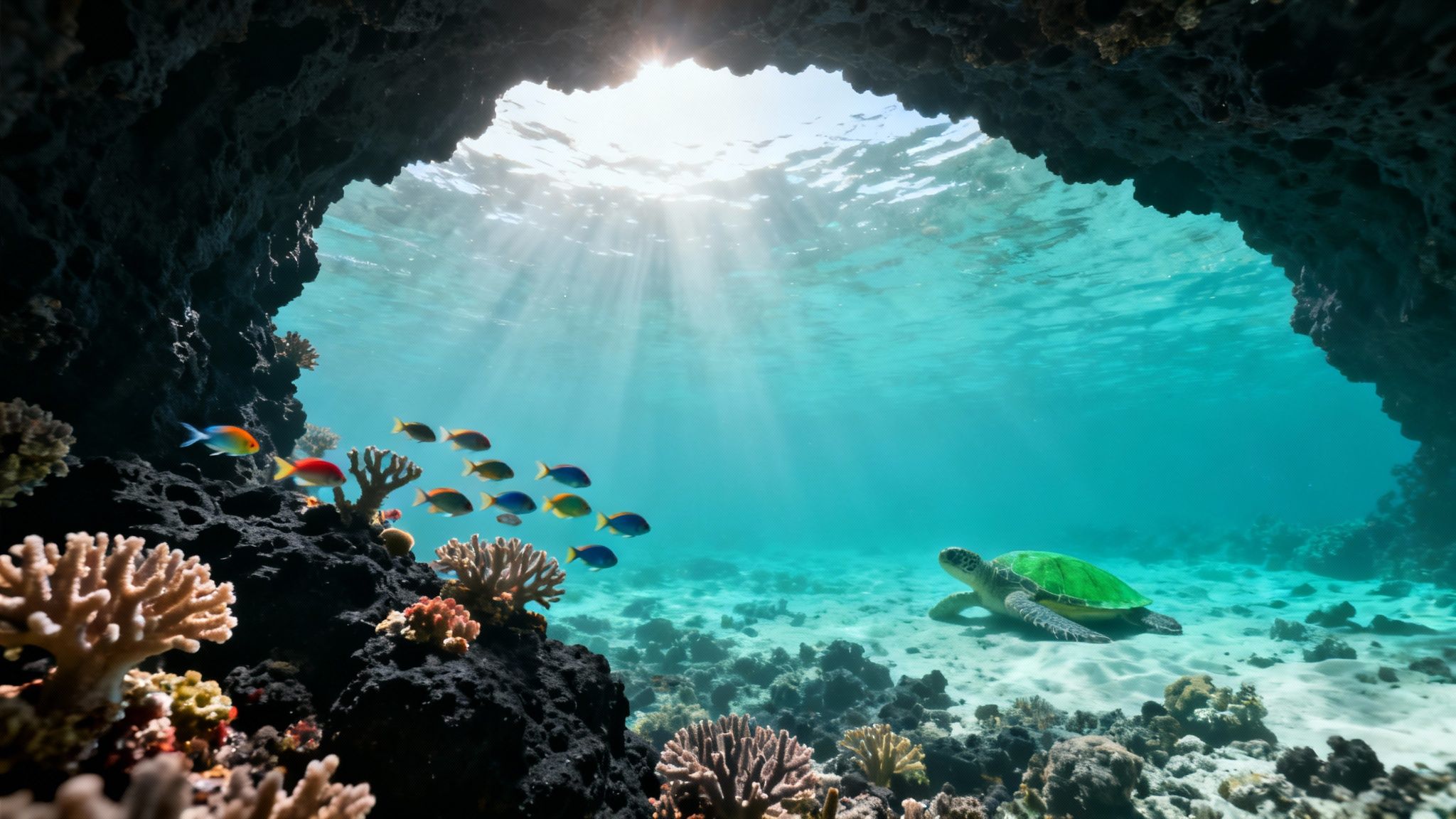 A scuba diver swims over a healthy coral reef with vibrant fish on the Big Island of Hawaii.