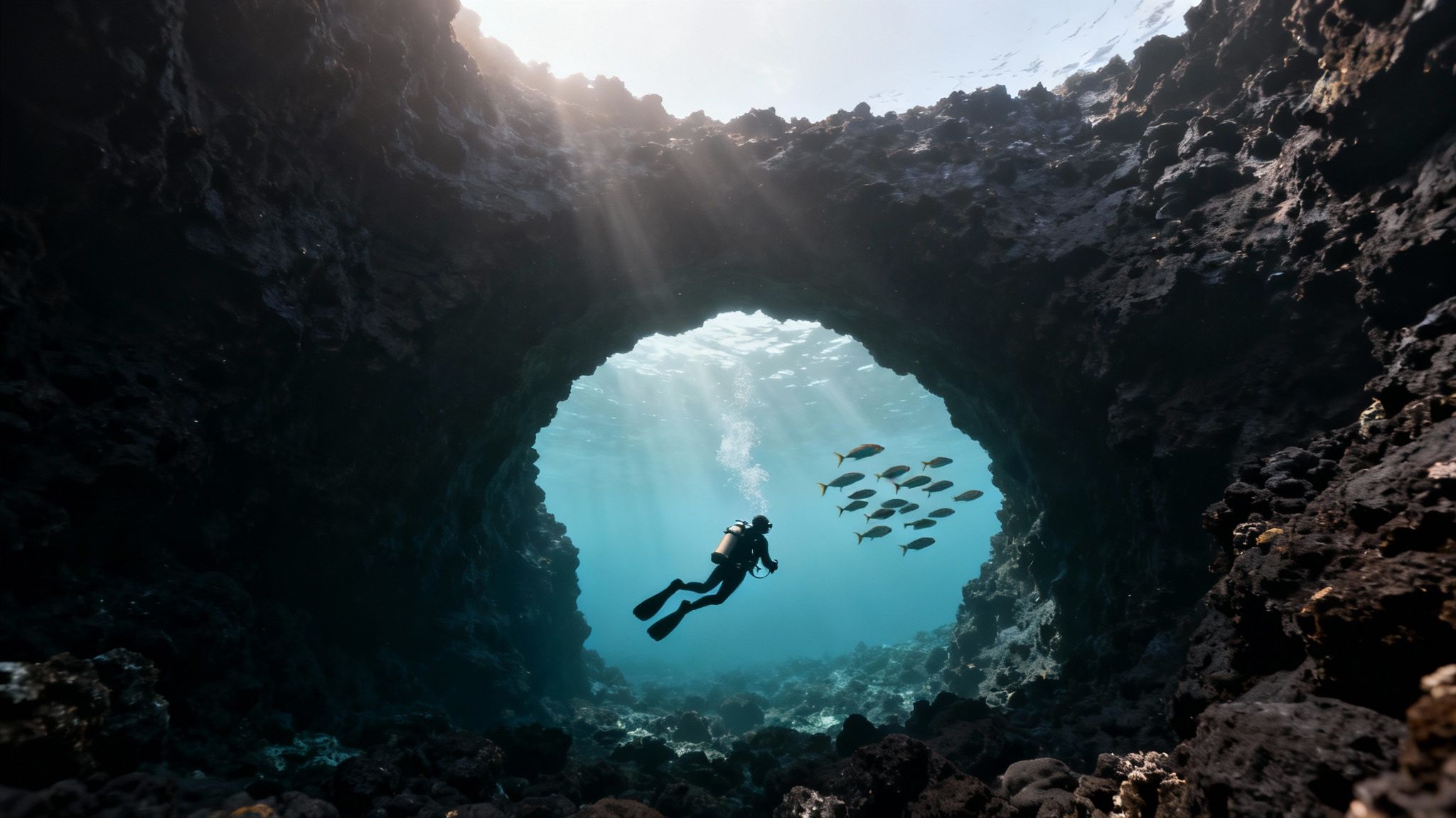 A school of yellow tang fish swims over a healthy coral reef in the clear blue waters of the big island of Hawaii.