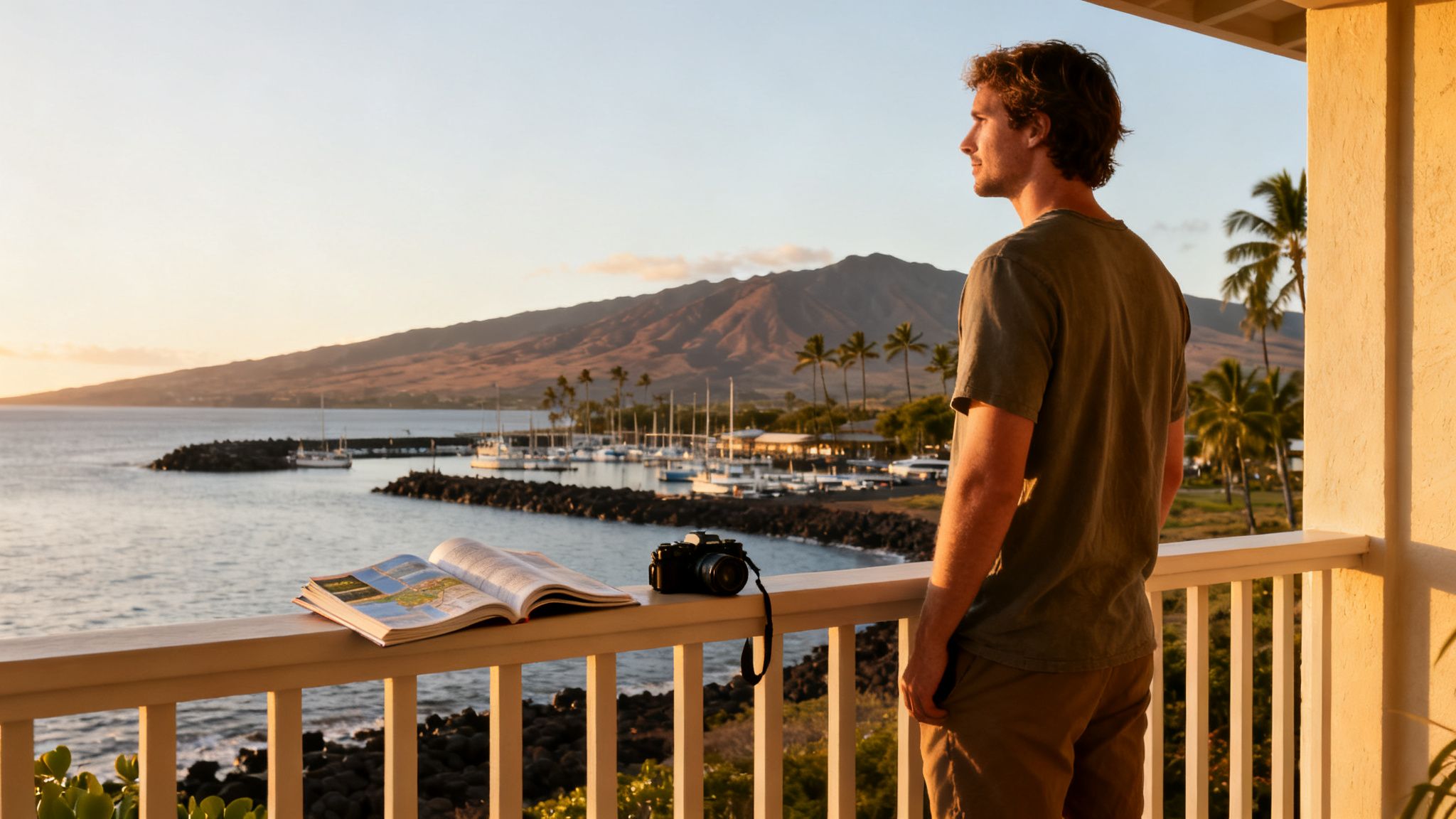 Young man on a balcony enjoying a stunning sunset view of a tropical bay and mountains.