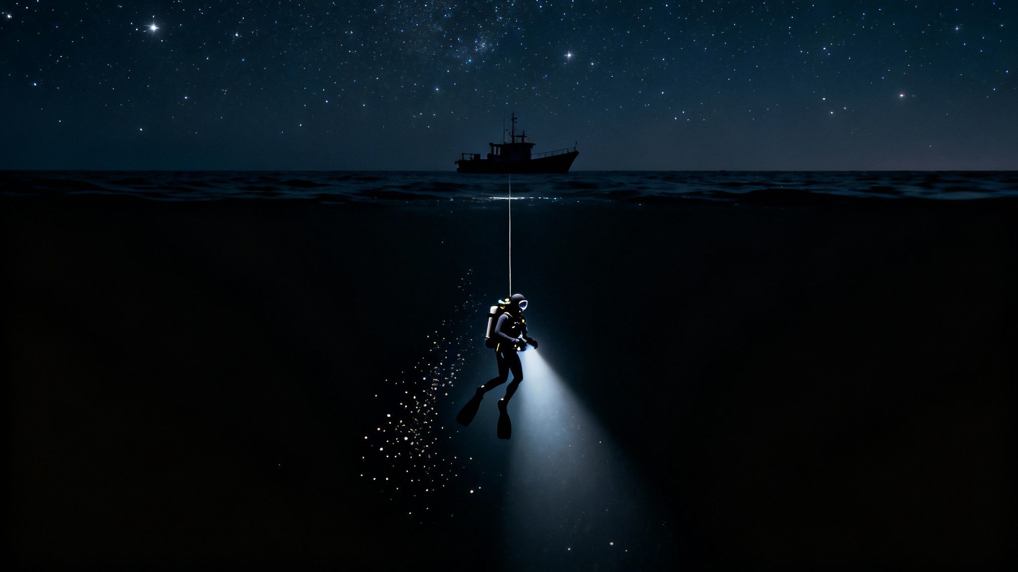 A diver explores the deep dark ocean at night, connected to a boat under a starry sky.