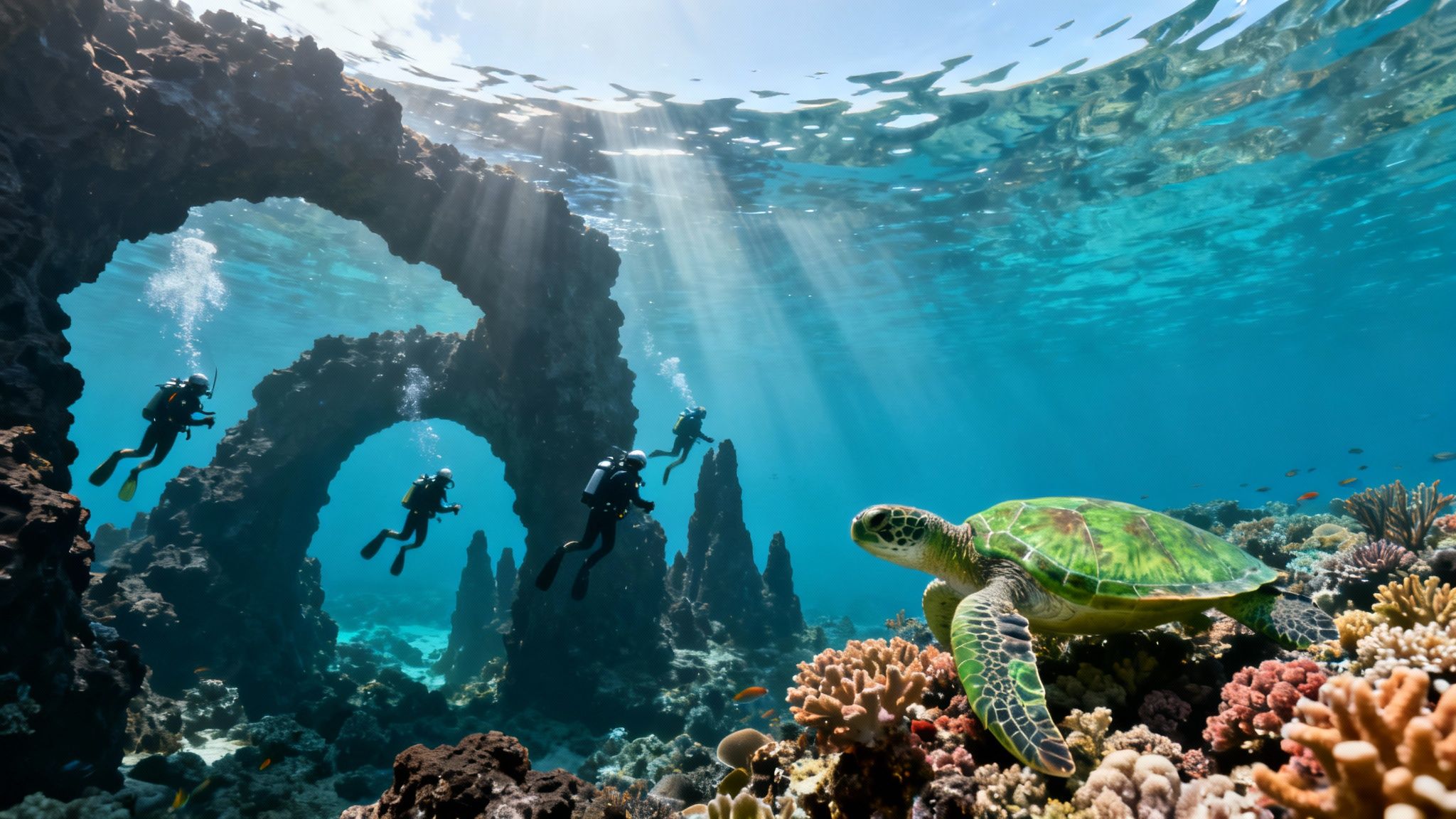 Scuba divers explore an underwater archway and vibrant coral reef with a sea turtle.