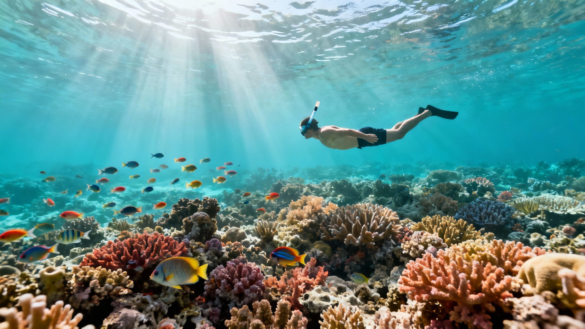 A man snorkels over a colorful coral reef, surrounded by tropical fish and sunlit clear blue water.
