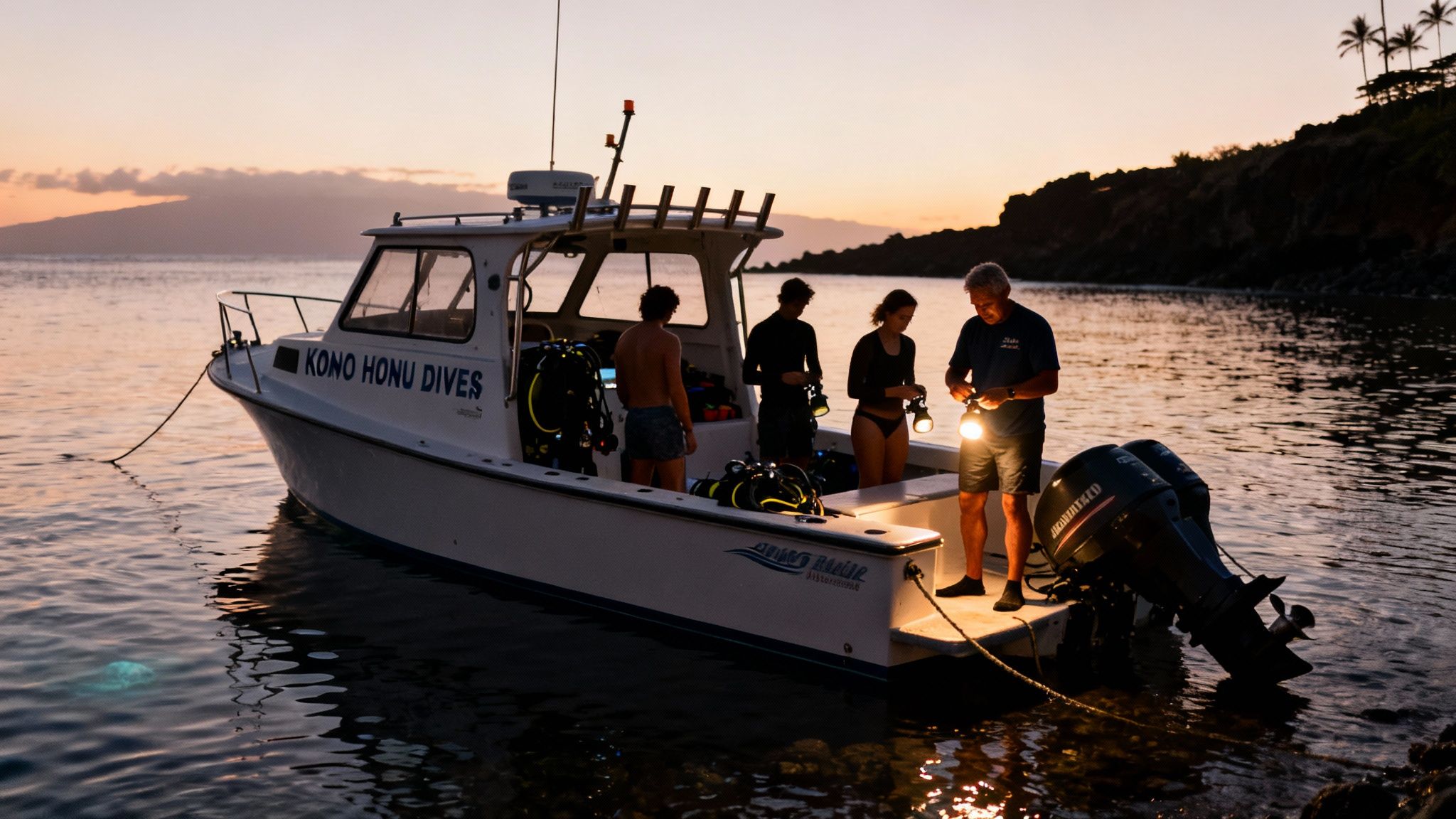Divers on a boat prepare with lights at dusk for a manta ray night dive in Kona.