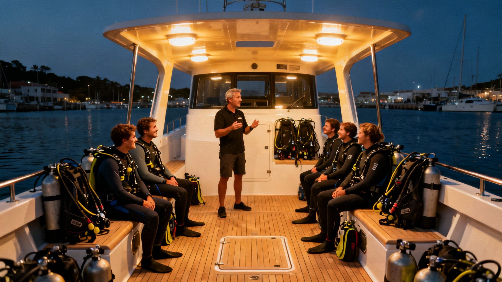 An instructor briefs a group of divers on a boat at night, surrounded by scuba gear.