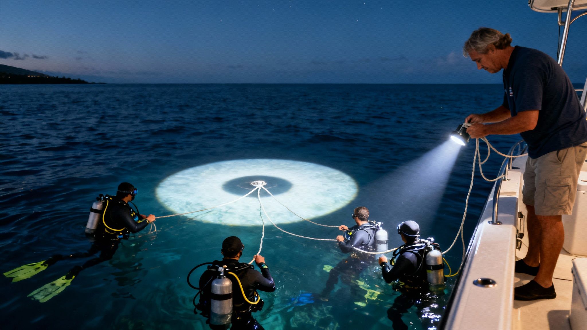 Scuba divers at night in the dark ocean illuminated by a boat's spotlight.