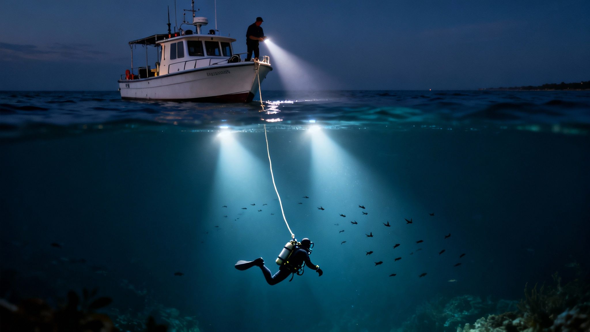 A diver descends into the dark ocean at night, illuminated by boat lights and holding a rope.